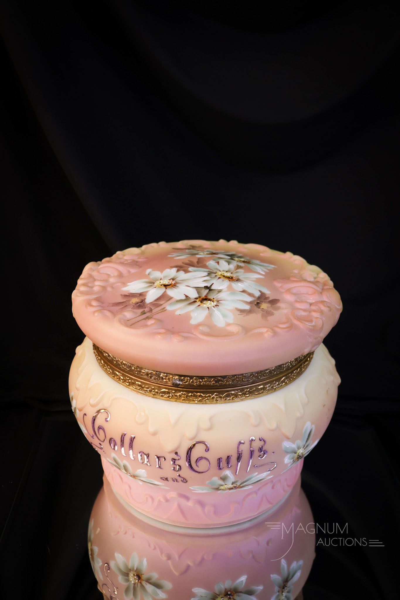Large 8" Wave Crest Signed Nakara "Collars & Cuffs" Victorian Glass Dresser Box: A wonderful find in Victorian signed Nakara glass. This is a "Collars and Cuffs" dresser box. This piece is large and measures 6 1/4" tall and 8" wide. It is decorated in pink and cream with white flo