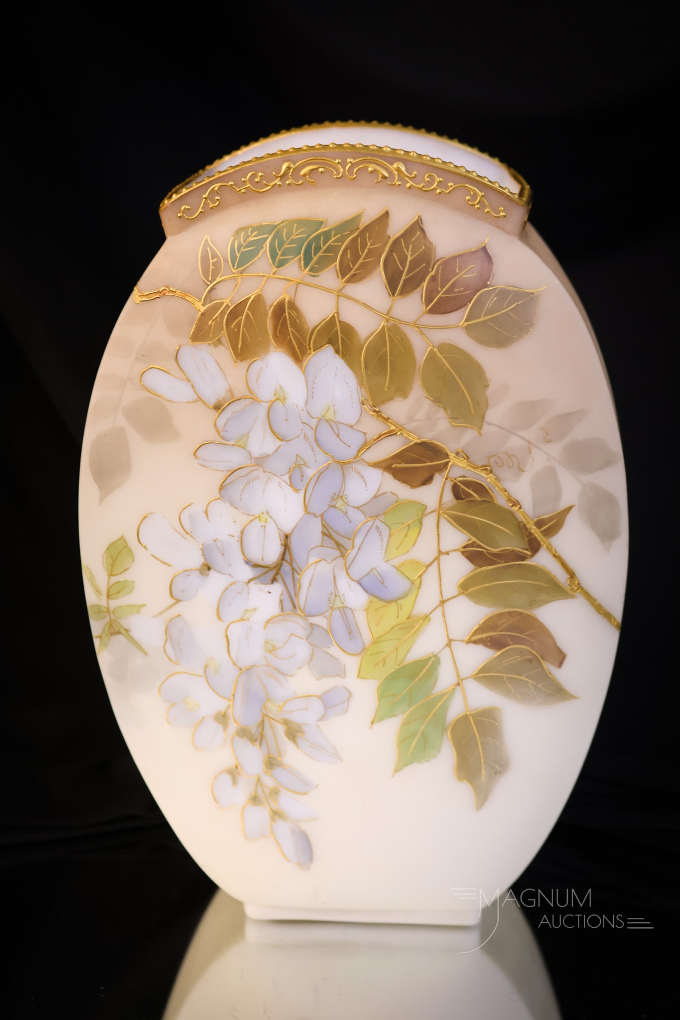 Signed Smith Bros. Victorian Decorated Glass Wisteria Vase: This is a lovely find! This vase is by Smith Bros. It is decorated with gilt and enameled florals of wisteria blossoms. This large vase measures 10" tall and 6" wide. SHIPPING NOTICE: If you choose no