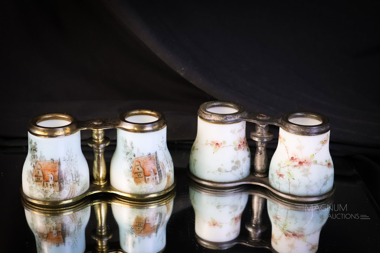 Pair of Binocular Victorian Glass Conttage Scene Toothpick Holder: A seldom-found Victorian toothpick holder in the form of a pair of binoculars. This pair is decorated with a cottage scene and florals. The holder measures 2" tall and 4" wide. SHIPPING NOTICE: If you