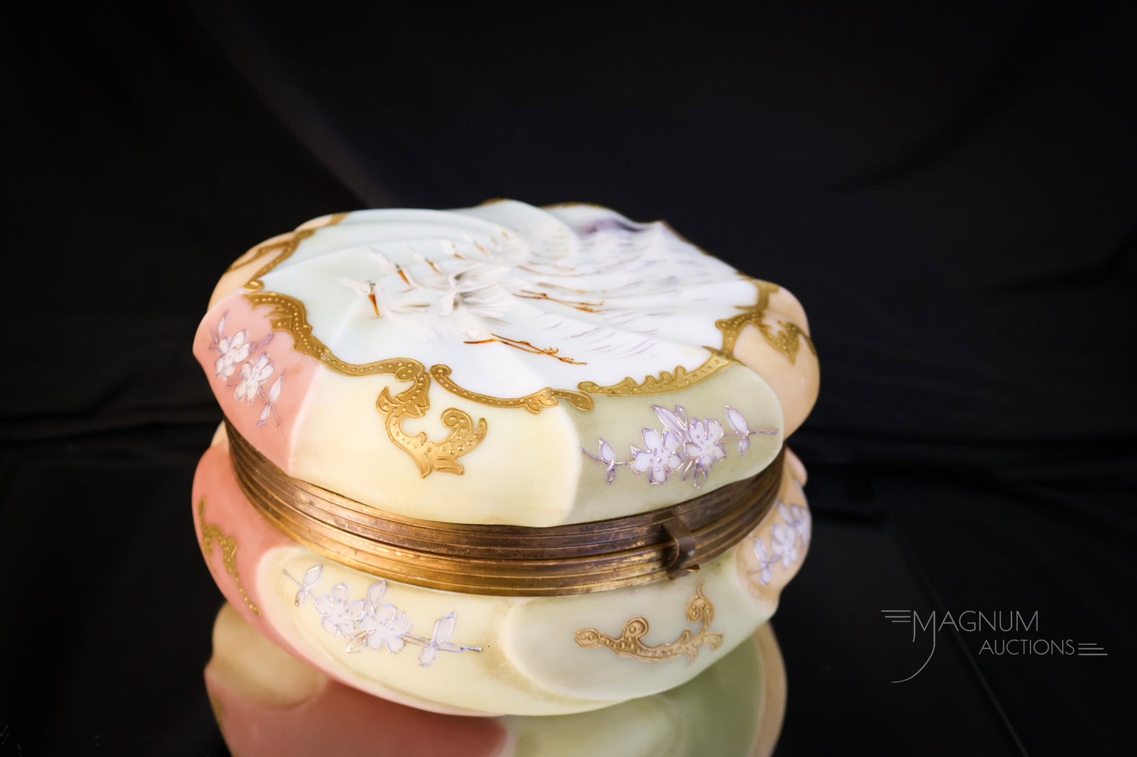 Unsigned Wavecrest Cranes Dresser Jewelry Box: Another fabulous offering in our lineup of Victorian Wavecrest. This is a 7" wide dresser box decorated with a stork or crane scene. The box is the swirl mold. The box measures 3 3/4" tall. SHIPPING N