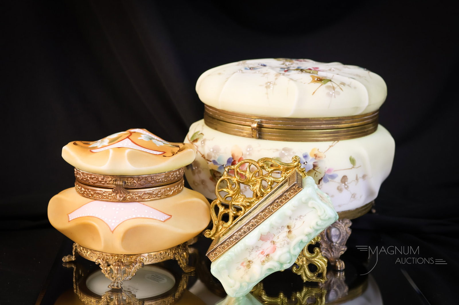 3 pc Lot Wave Crest Victorian Glass Boxes & Match Holder: Three selections that'll bring a smile to your face. This lot of Wave Crest includes a large footed dresser box. This big dresser box has multi colored flowers and retains the lining. The second piece