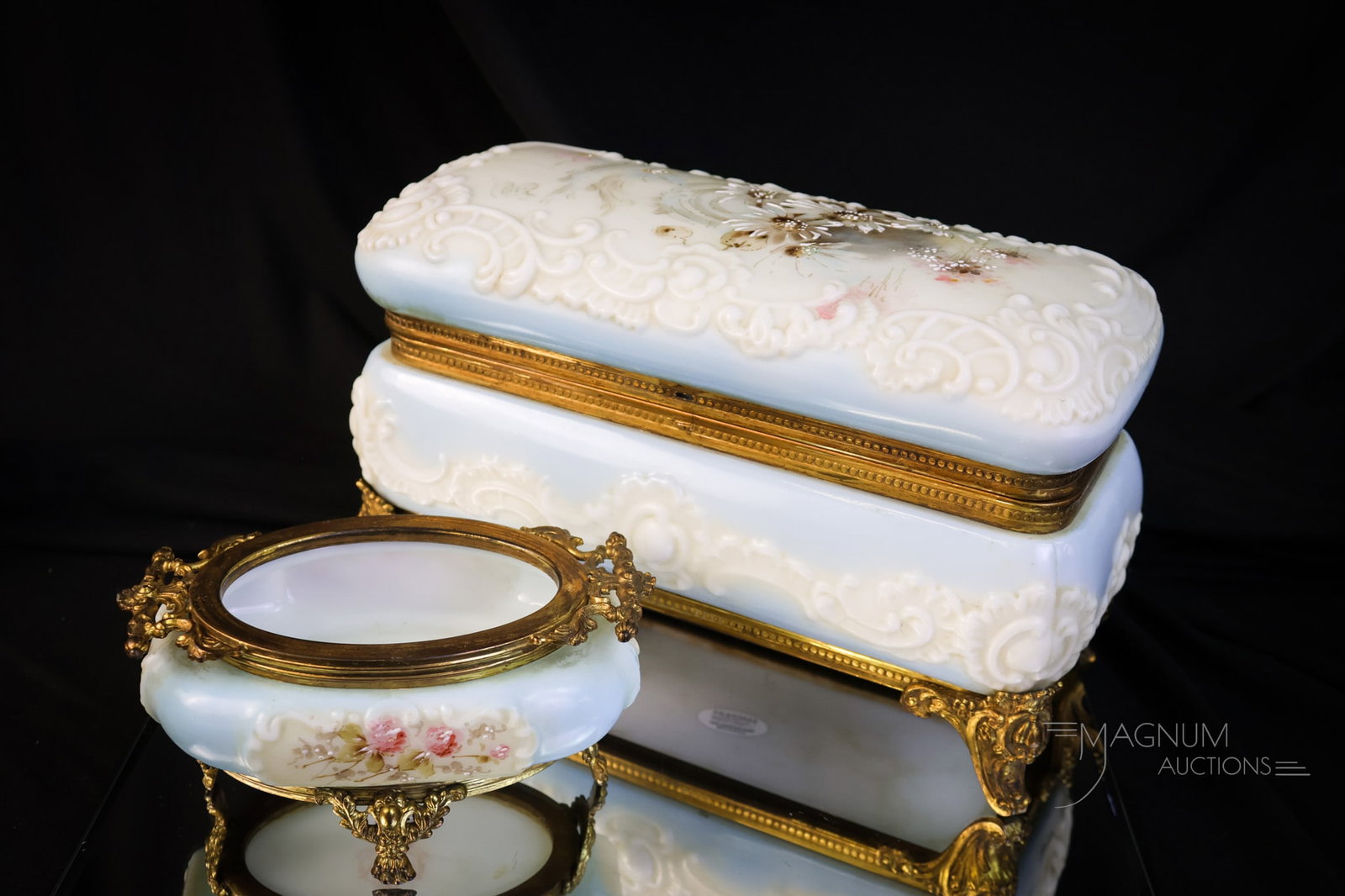 2pc Wave Crest Decorated Victorian Glass Glove Box & More: Two delights sure to bring pleasure to your collection. The first is an unsigned Wave Crest footed glove box. This piece is decorated in blue with white and pink florals. This box is lined. The second