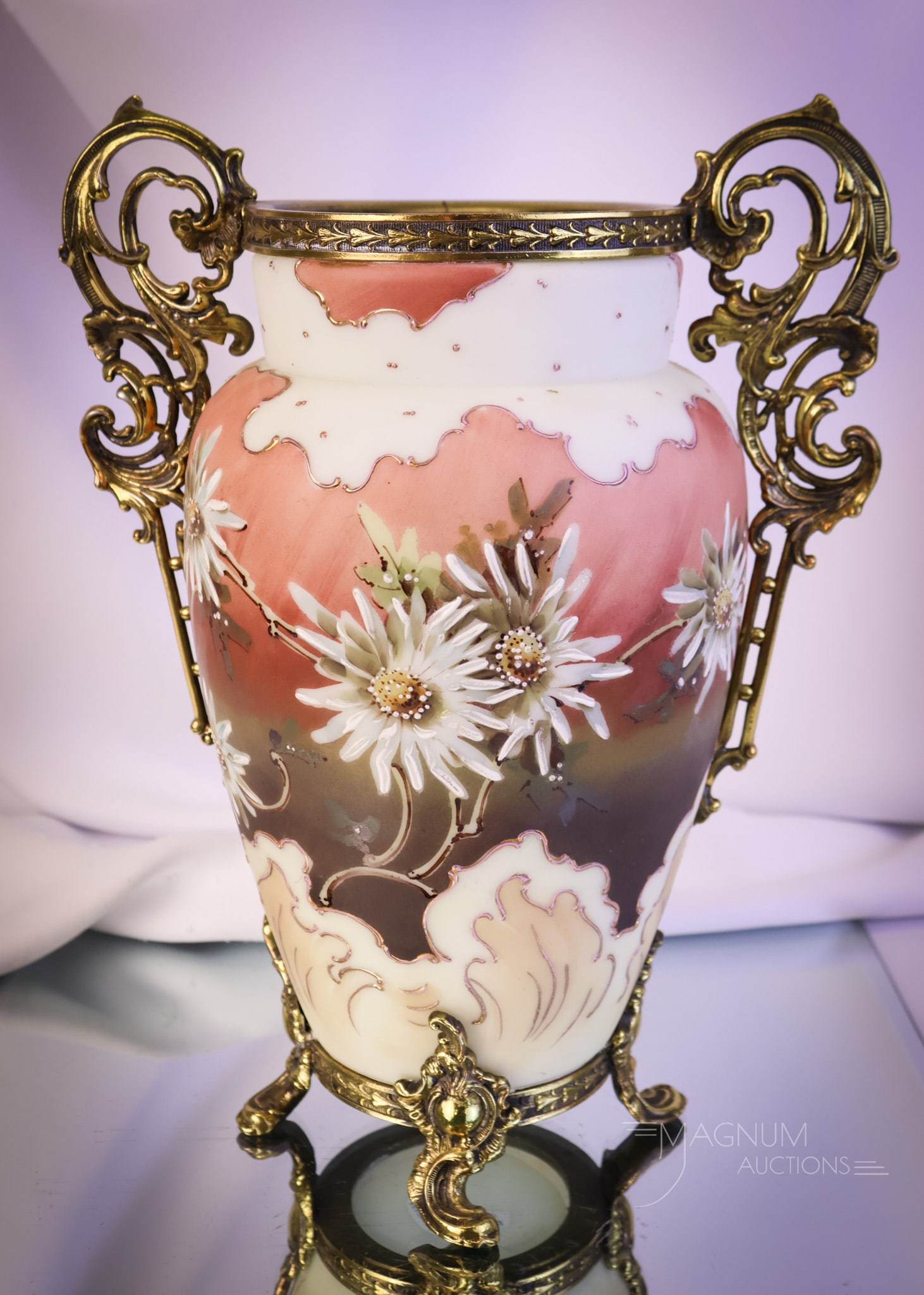 Unsigned Wave Crest Victorian Ormolu Glass Decorated 12" Vase: A large and attractive Victorian, unsigned Wave Crest vase. This vase measures 12" tall and 9" wide. It is lavishly decorated in earth-toned colors from sunset to dark green brown with large white flo