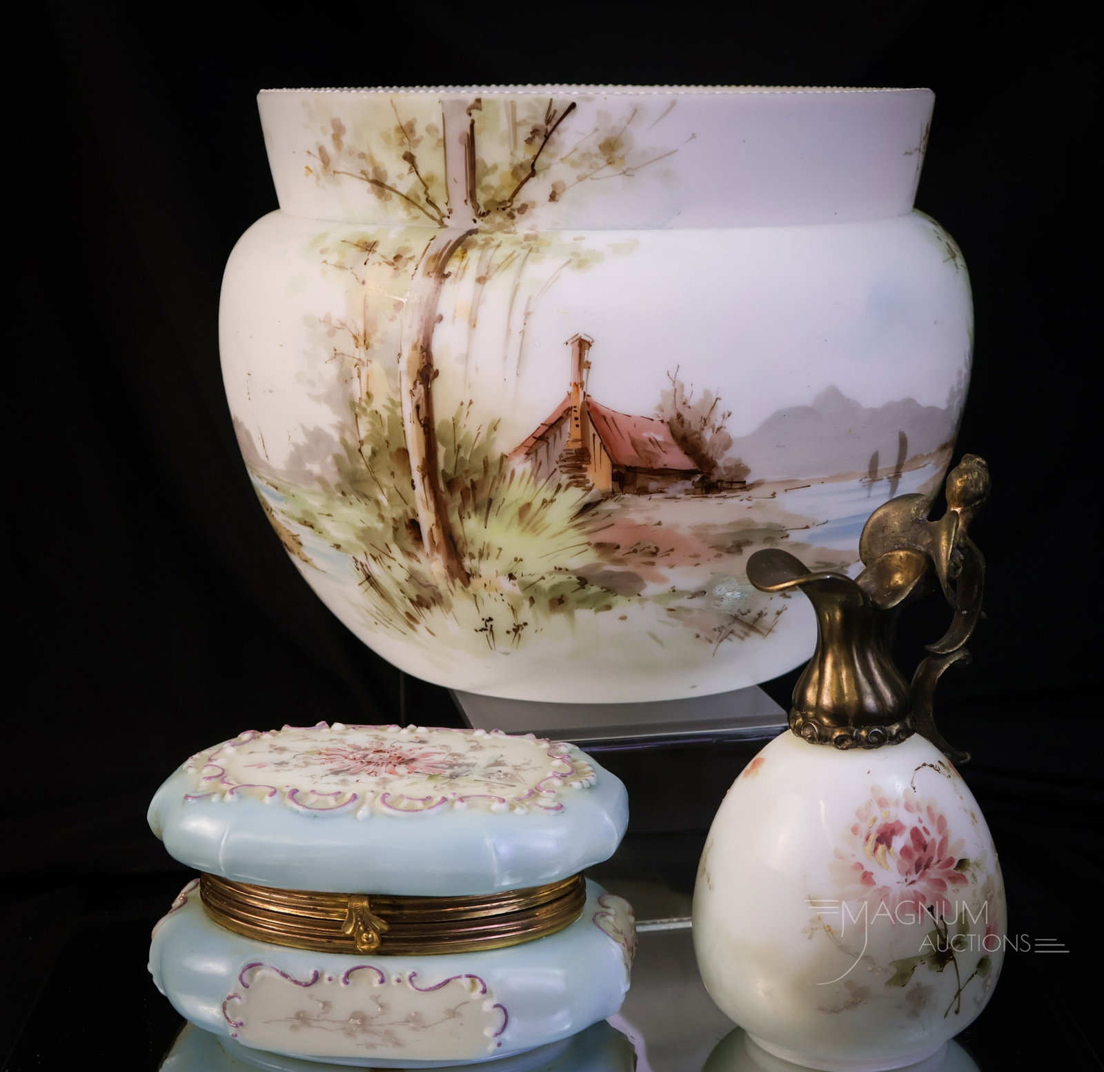 3 pc Lot Wave Crest Victorian Decorated Glass Jardinere Ewer & More: Three beautiful finds in Victorian decorated Wave Crest glass. The first is a forest and cottage scene decorated swirl mold blank jardinere. The second offering is a signed Wavecrest small rectangular