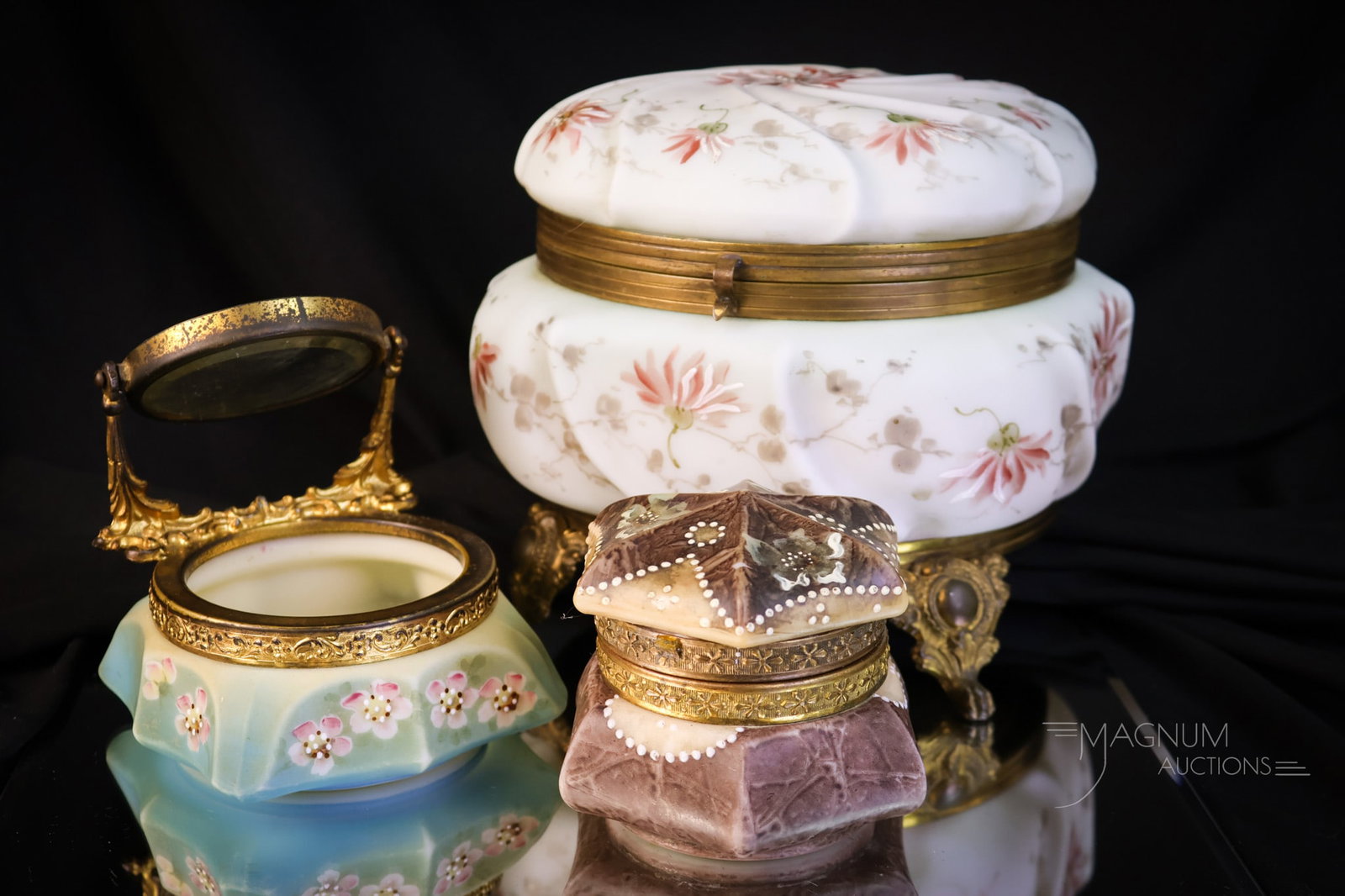 3 pc Lot Wave Crest Victorian Glass Boxes & Pin Dish: Three selections in Victorian decorated Wave Crest glass. The first is a large footed dresser box in white with pink florals. The second item is a signed Nakara small brown box with brown flowers. The