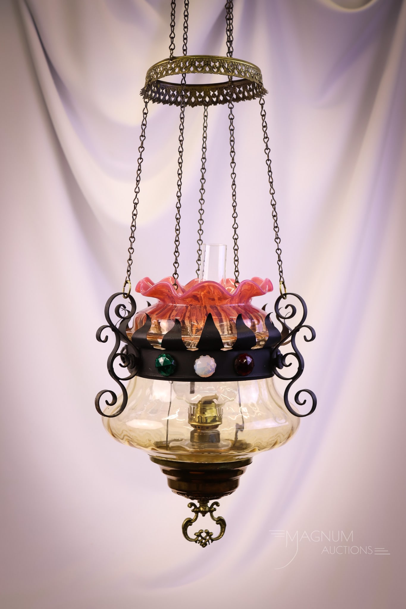 Victorian Pink Opalescent Jeweled Hanging Hall Oil Lamp (1 of 10)