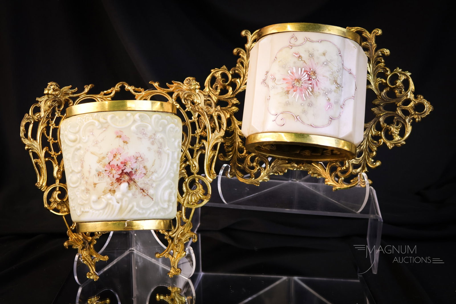 2 pc Lot Wave Crest Decorated Victorian Glass Ormolu Whisk Broom Holders: Two beautiful and scarcely found Wave Crest whisk broom holders. Each is unique and has ornate ormolu trim. The largest measures 10" by 7 1/2". SHIPPING NOTICE: If you choose not to utilize the LiveAu