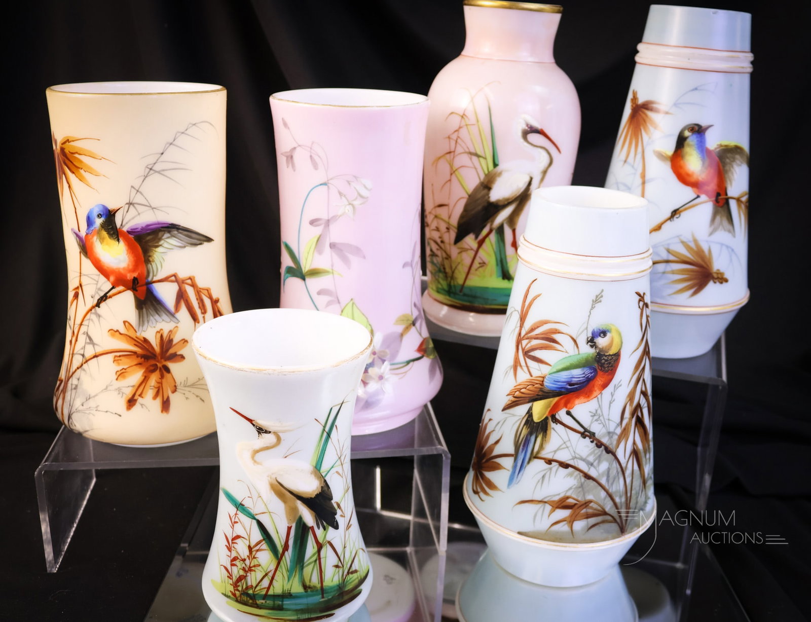 6 pc Lot Smith Bros. Victorian Decorated Glass Vases: Six finds in Victorian Smith Bros. decorated glass vases for your bidding pleasure. The lot includes a matched pair with birds in blue. Two examples with storks. One decorated with a bird. The last ex