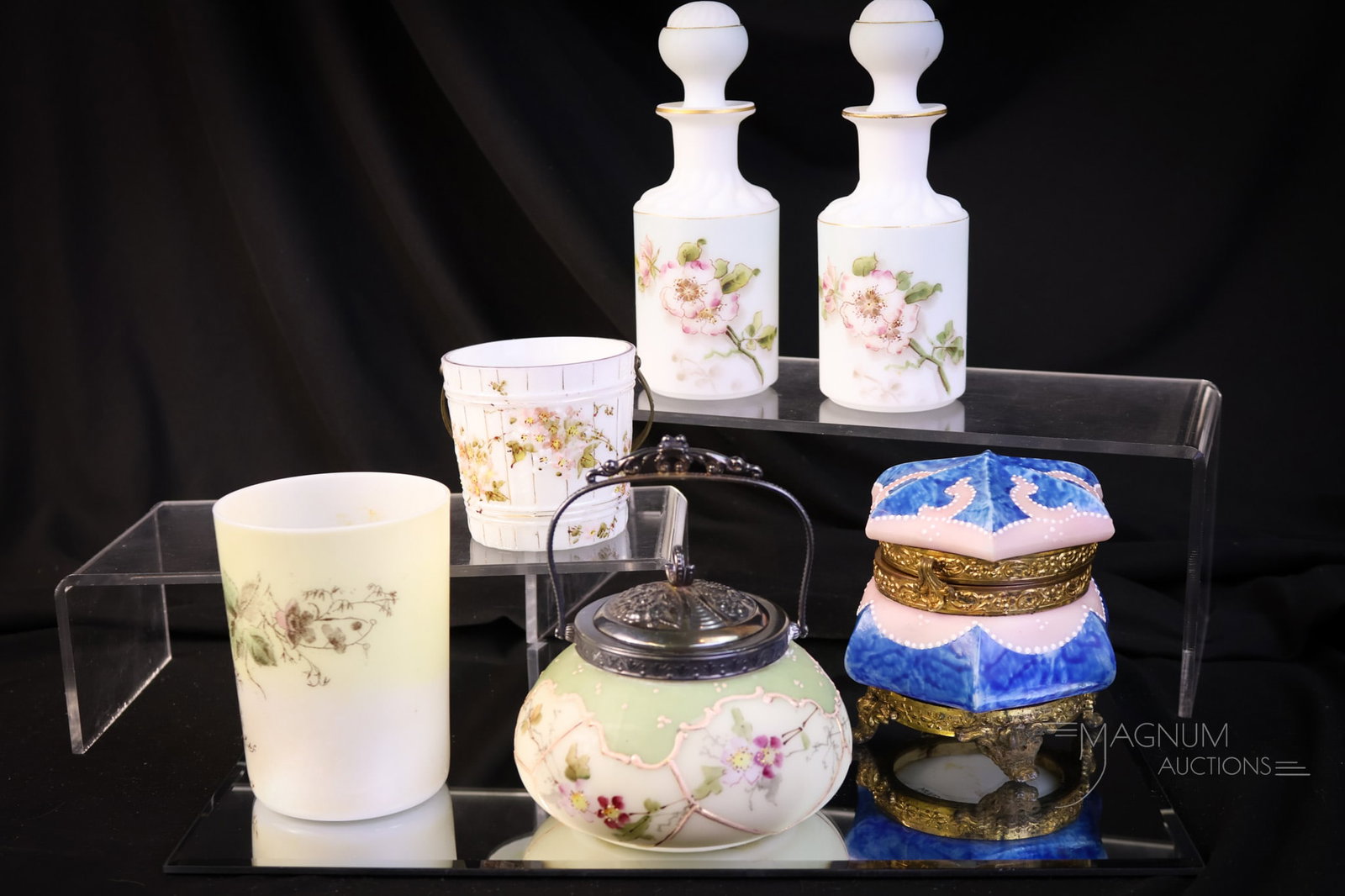 6 pc Lot Wave Crest Decorated Victorian Glass Kelva & More: Six sure pleasures to behold in Wave Crest decorated Victorian Glass. The first is a pair of white satin cologne bottles decorated with pink dogwood. There is an opal glass bucket match holder with pi