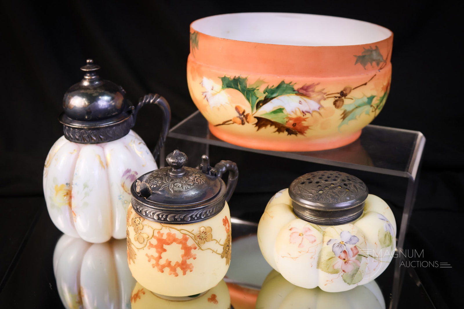 4 pc Lot Mt. Washington Victorian Decorated Glass: Four nice finds in Victorian Mt. Washington decorated glass. The first piece is an oval bowl, signed Crown Milano, with oak leaf and acorn decoration. The second is a signed Pairpoint lobed body syrup