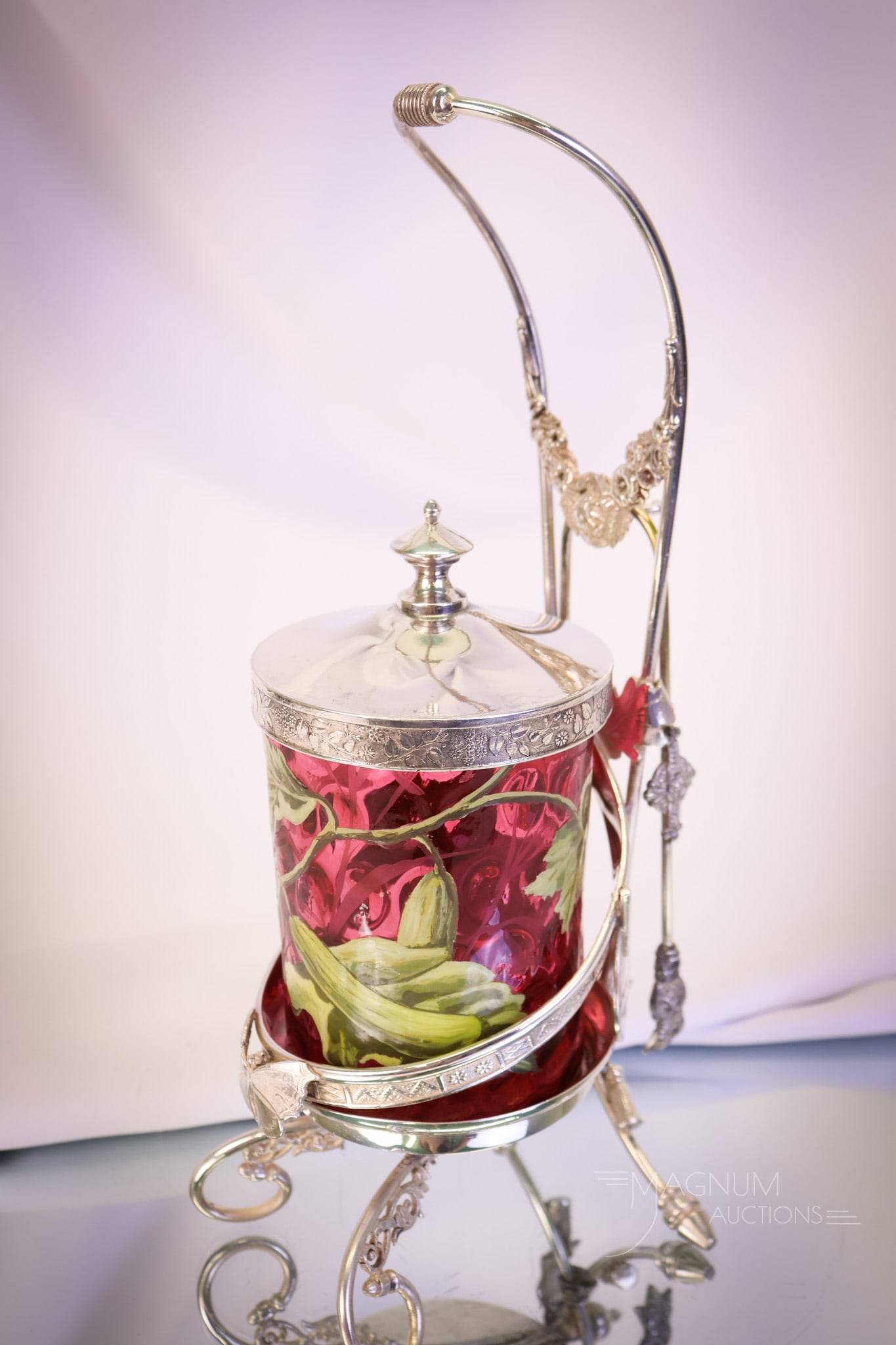 Victorian Derby Silverplate Cranberry Enameled Glass Pickle Castor (1 of 8)