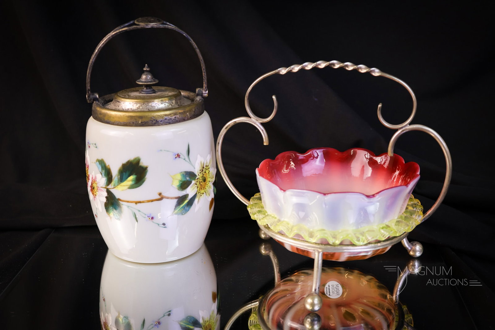 2 pc Lot Victorian Uranium Art Glass Sweetmeats: Two wonderful finds in Victorian sweetmeats. The first is a fireglow enameled glass sweetmeat covered jar. The second is a rubina verde opalescent stripe sweetmeat in a silverplate frame. It has