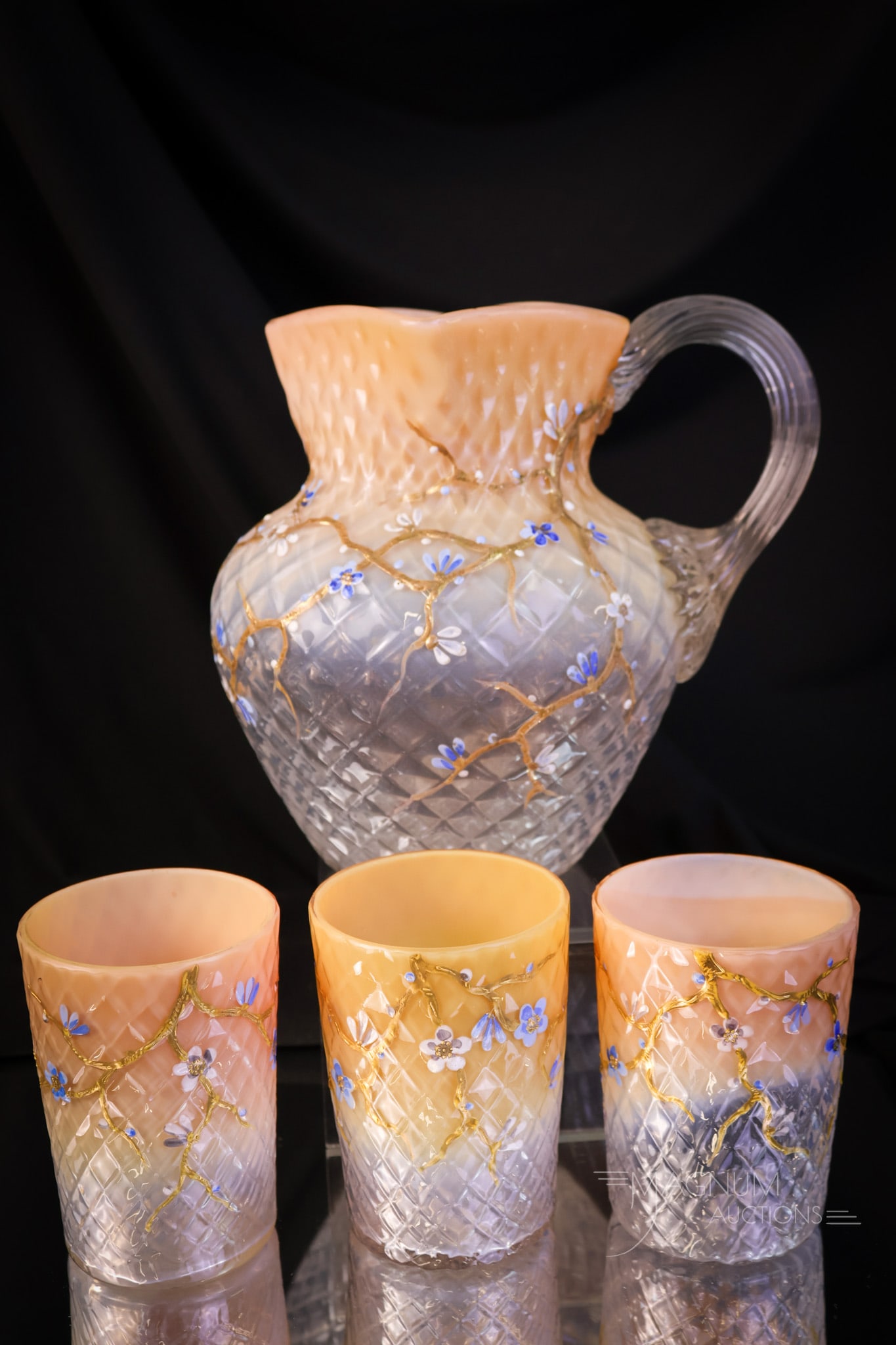 4 pc Peaches & Cream Victorian Diamond Quilt Enameled Glass Water Set: A perfectly peachy Victorian peaches and cream water set. This set includes a pitcher and three tumblers. The glass is peach to cream opal with a diamond quilt pattern. The pieces of the set are