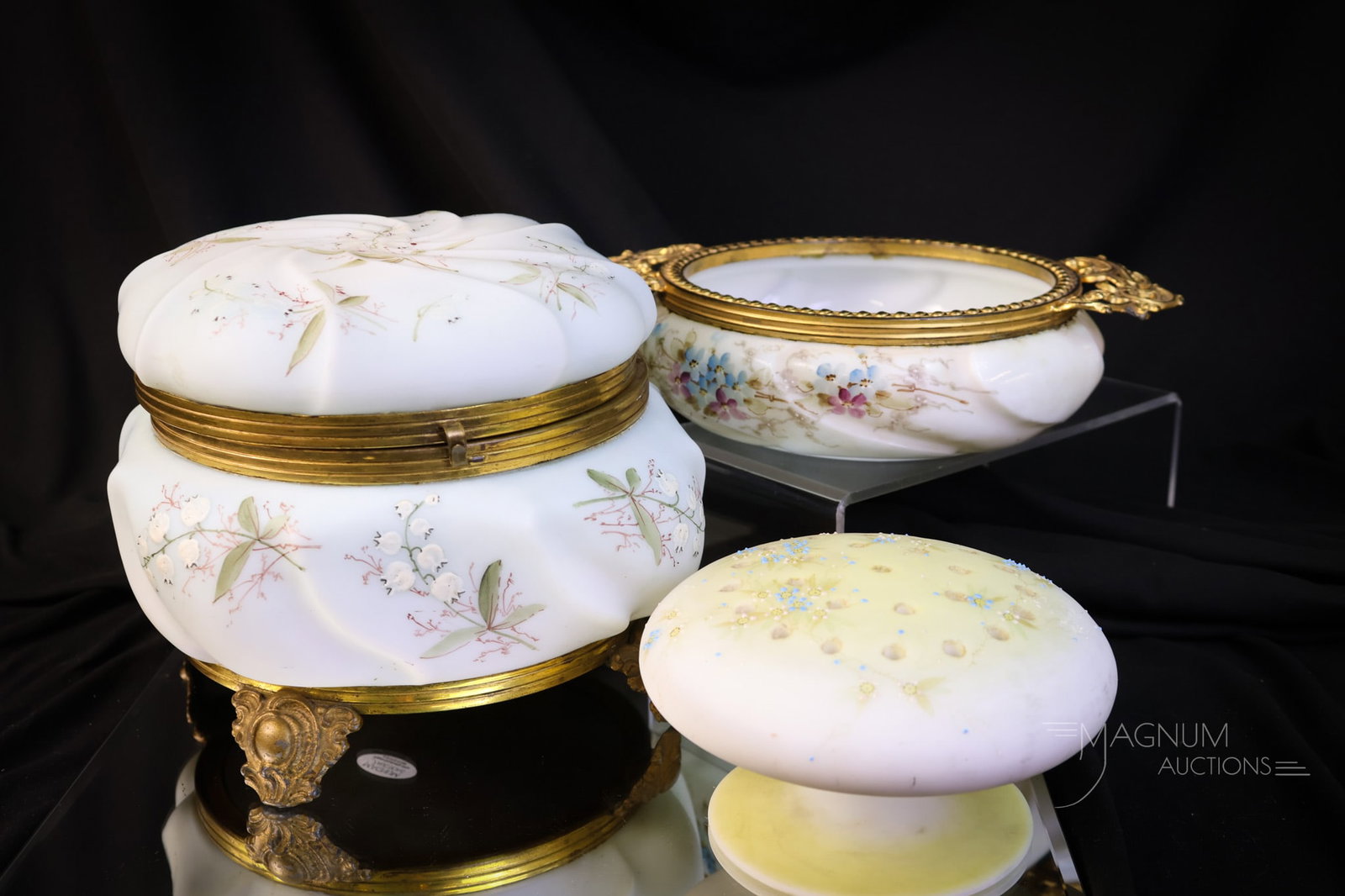 3 pc Lot Victorian Decorated Wave Crest & Mt. Washington Glass: Three selections in Mt. Washington and Wave Crest Victorian glass that are sure winners! The first is an unsigned Wavec Crest swirl mold footed large dresser box. This is decorated with lily of the va