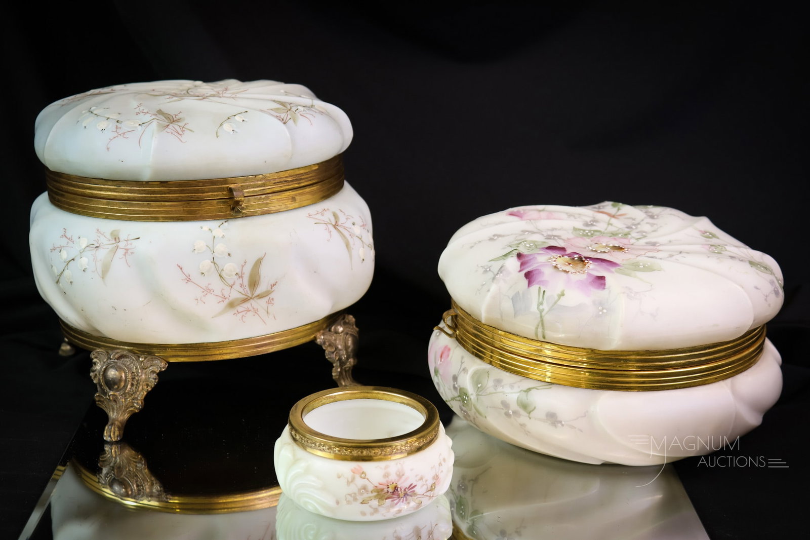 3 pc Lot Wave Crest Victorian Decorated Glass Dresser Boxes: Three super finds in Victorian Wave Crest glass. The first is a large dresser jewelry box. It is decorated with lily of the valley flowers. The second is a small pin dish with pink flowers. The final