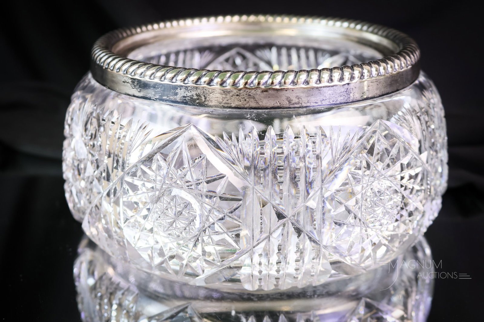 Victorian C.F. Monroe Wave Crest Cut Glass Ferner: What a lovely find this piece is! This is a C. F. Monroe Wave Crest cut glass ferner. The piece is cut with a Hobstar & Prism pattern The ferner has an unmarked silver rim. The ferner measures 3 1/2"