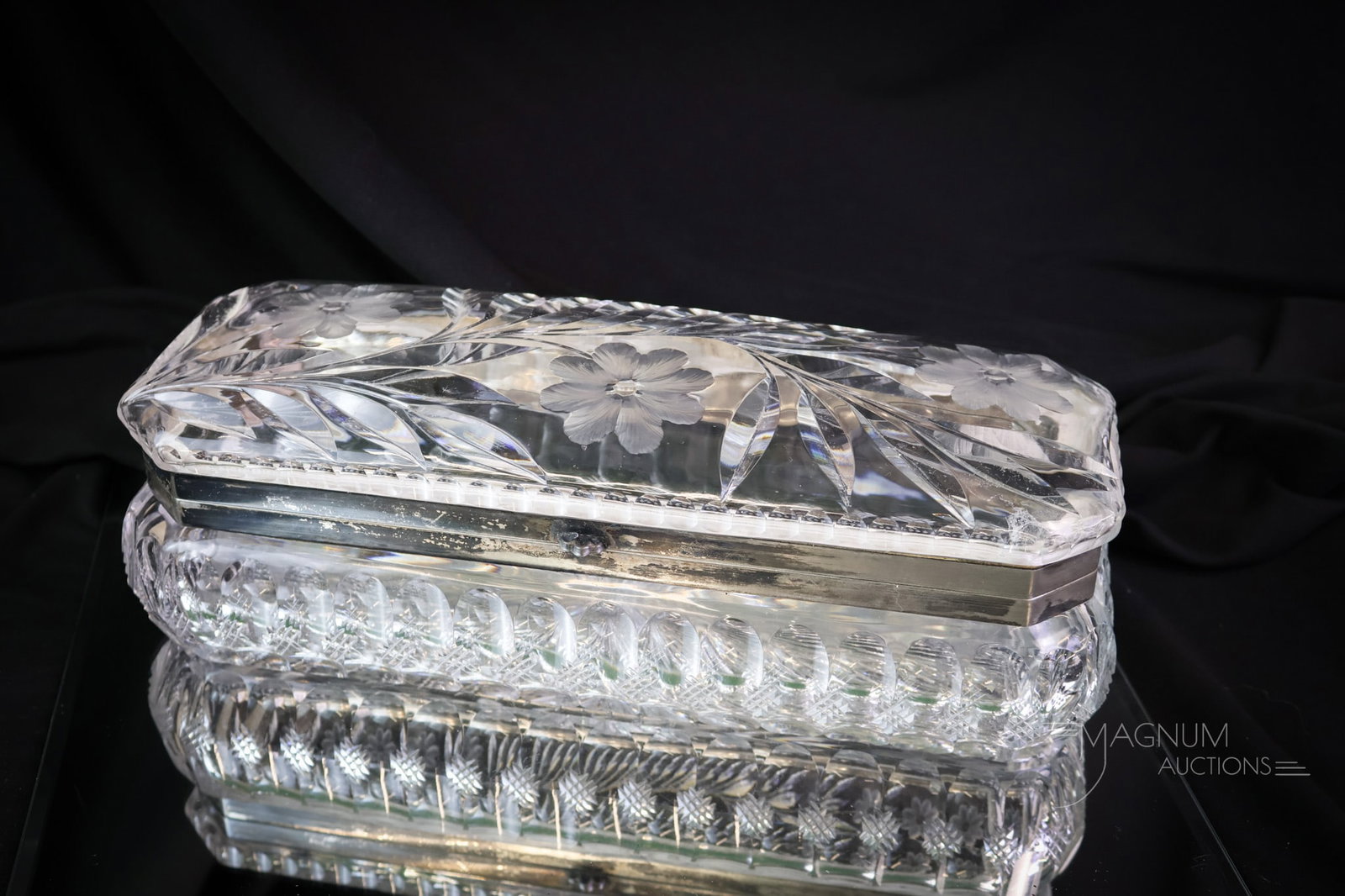 Antique Pairpoint Cut Glass Engraved Glove Box: A nice find in a Pairpoint cut and engraved glass glove box. This large box measures 10 1/2" in length. The box is cut and engraved with leaves and flowers. SHIPPING NOTICE: If you choose not to