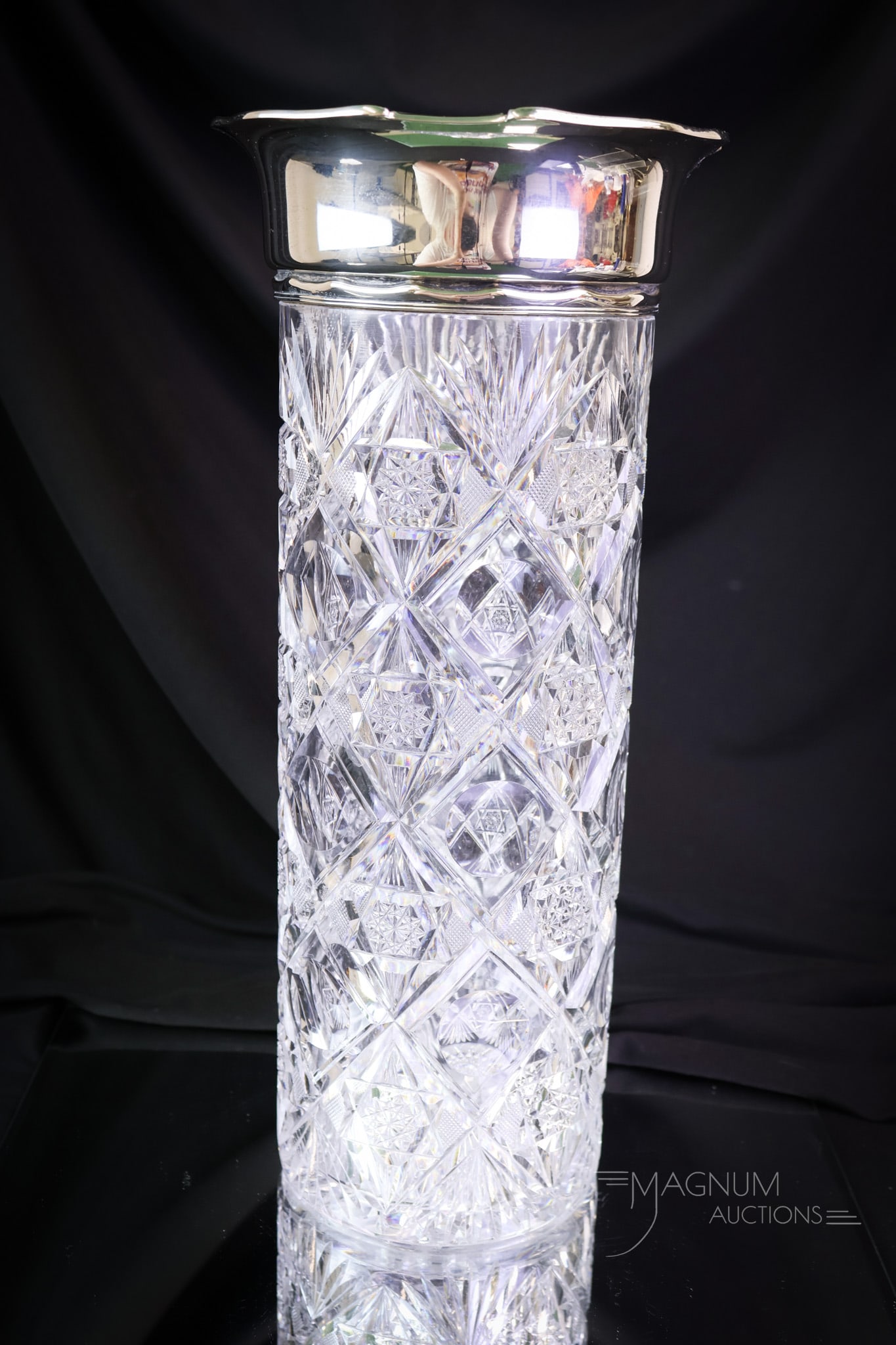 Pairpoint ABP American Brilliant Period Cut Glass & Gorham Sterling: A fabulous find and a Mother Magnum favorite. This fantastic piece is American Brilliant Period Cut Glass by Pairpoint in the Colonial pattern. The vase features a marked and monogrammed Gorham
