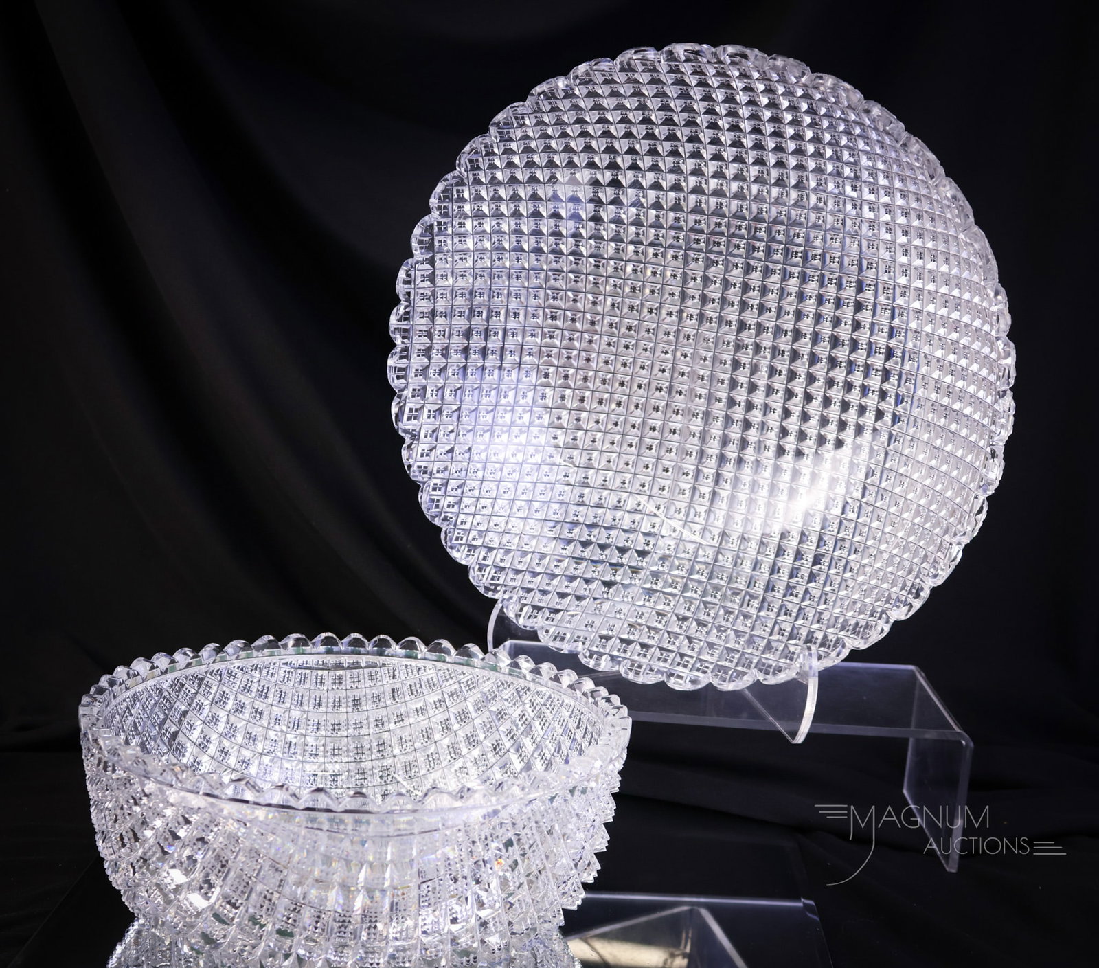 2 pc Lot Master & Apprentice ABP American Brilliant Period Bowl Set: Two seldom seen finds here in American Brilliant Period cut glass. The first is a cut heavy bowl in the Strawberry pattern. The second is a much lighter bowl used by the apprentice of the master cutte
