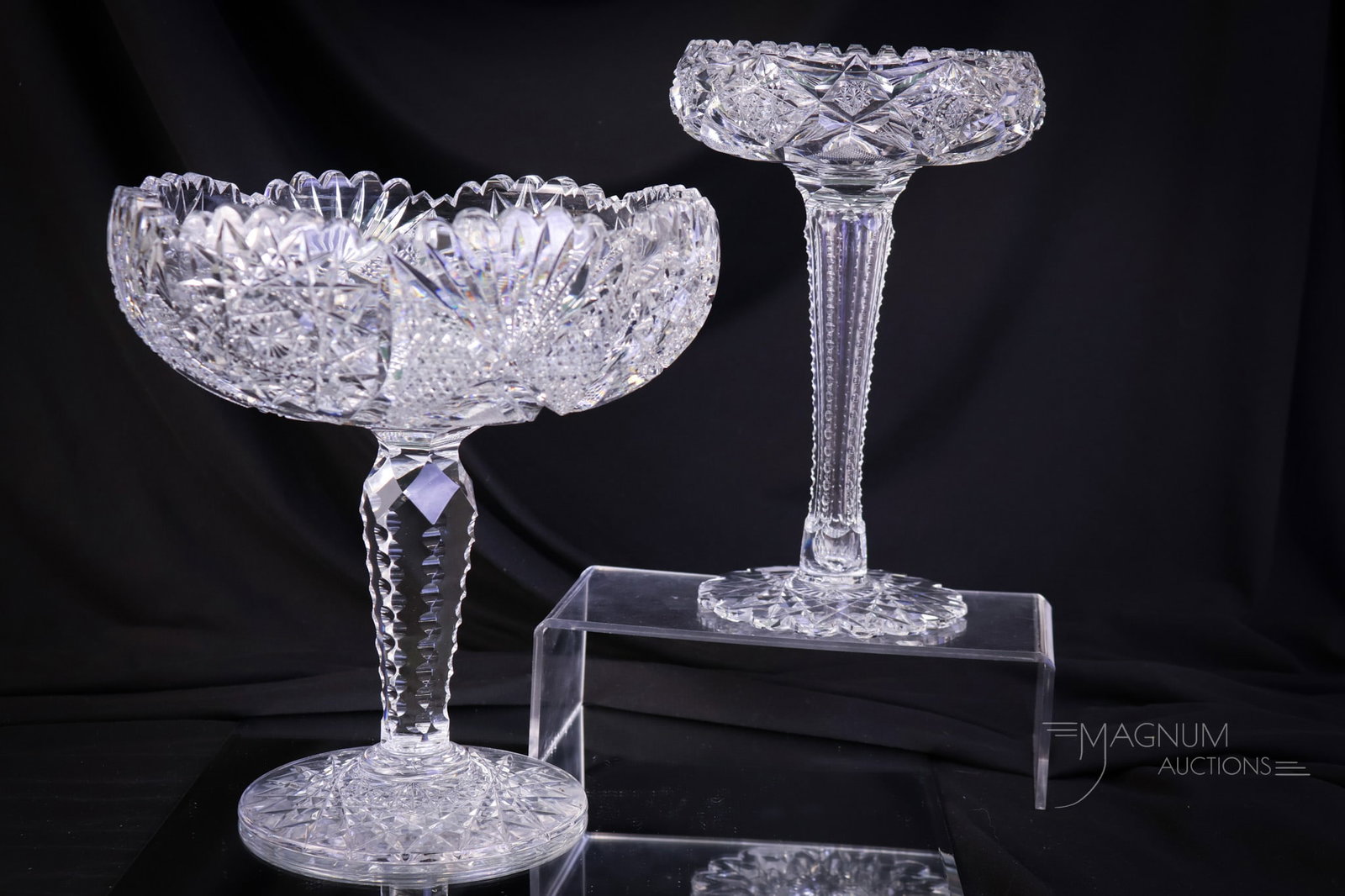 2 pc Lot ABP American Brilliant Period Cut Glass Compotes: Two sparkling examples of American Brilliant Period cut glass in the form of pedestal compotes. The tallest measures 9 1/2". SHIPPING NOTICE: If you choose not to utilize the LiveAuctioneers LiveShip
