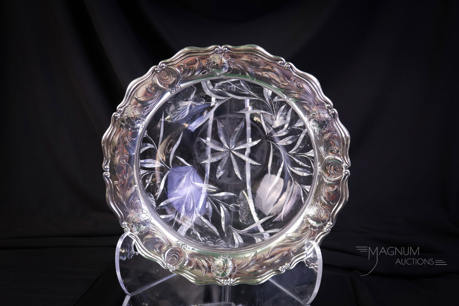 Signed Sinclaire ABP American Brilliant Period & Gorham Sterling Carnations Bowl: A stunning piece and another Mother Magnum favorite! This bowl is signed Sinclaire and features a cutting of carnations. The bowl features a sterling silver rim by Gorham that also has decoration of