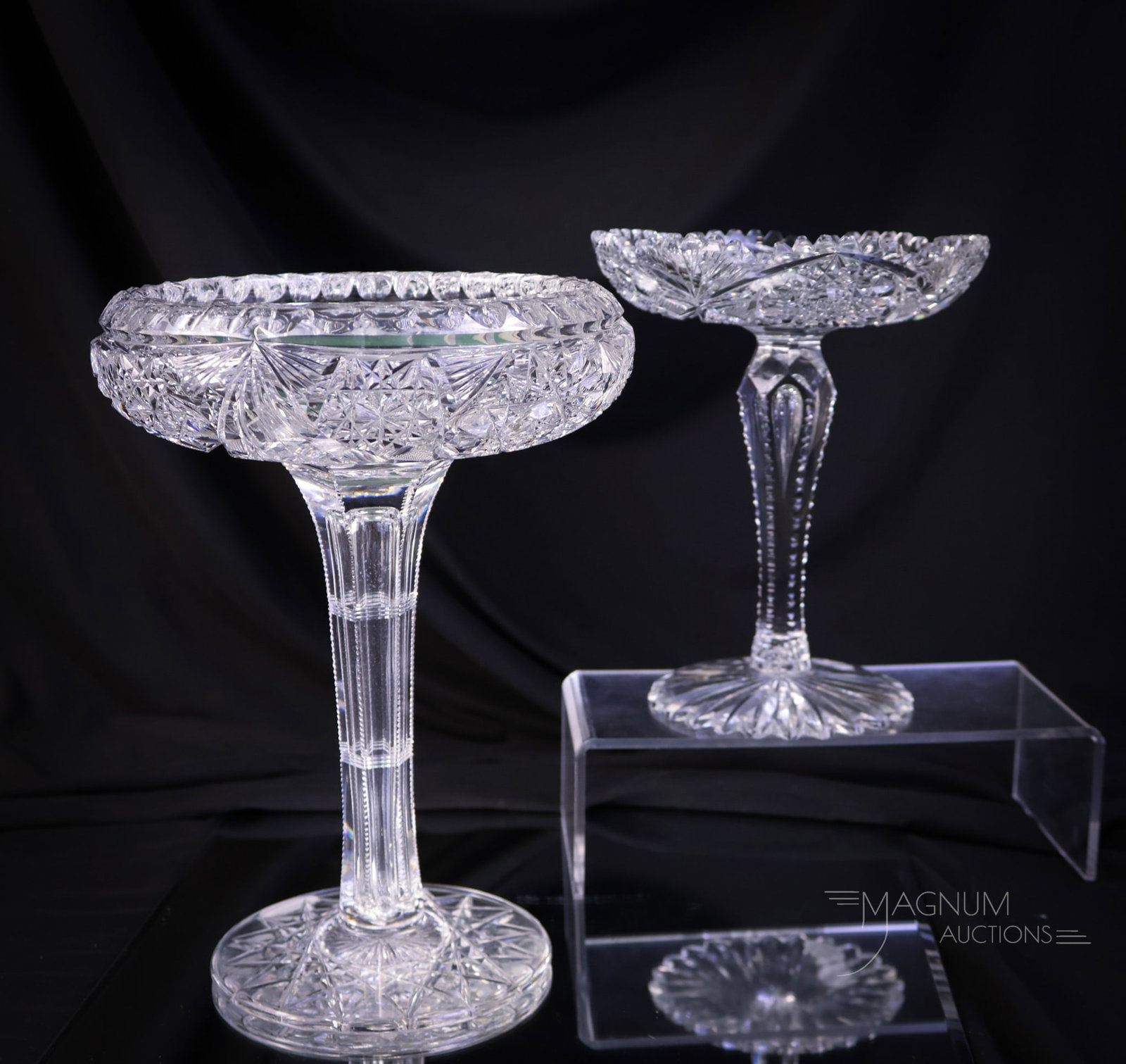 2 pc Lot American Brilliant Period Cut Glass: Two desirable finds in American Brilliant Period cut glass compotes. Each is unique in size from the other. The tallest measures 9 1/2". SHIPPING NOTICE: If you choose not to utilize the