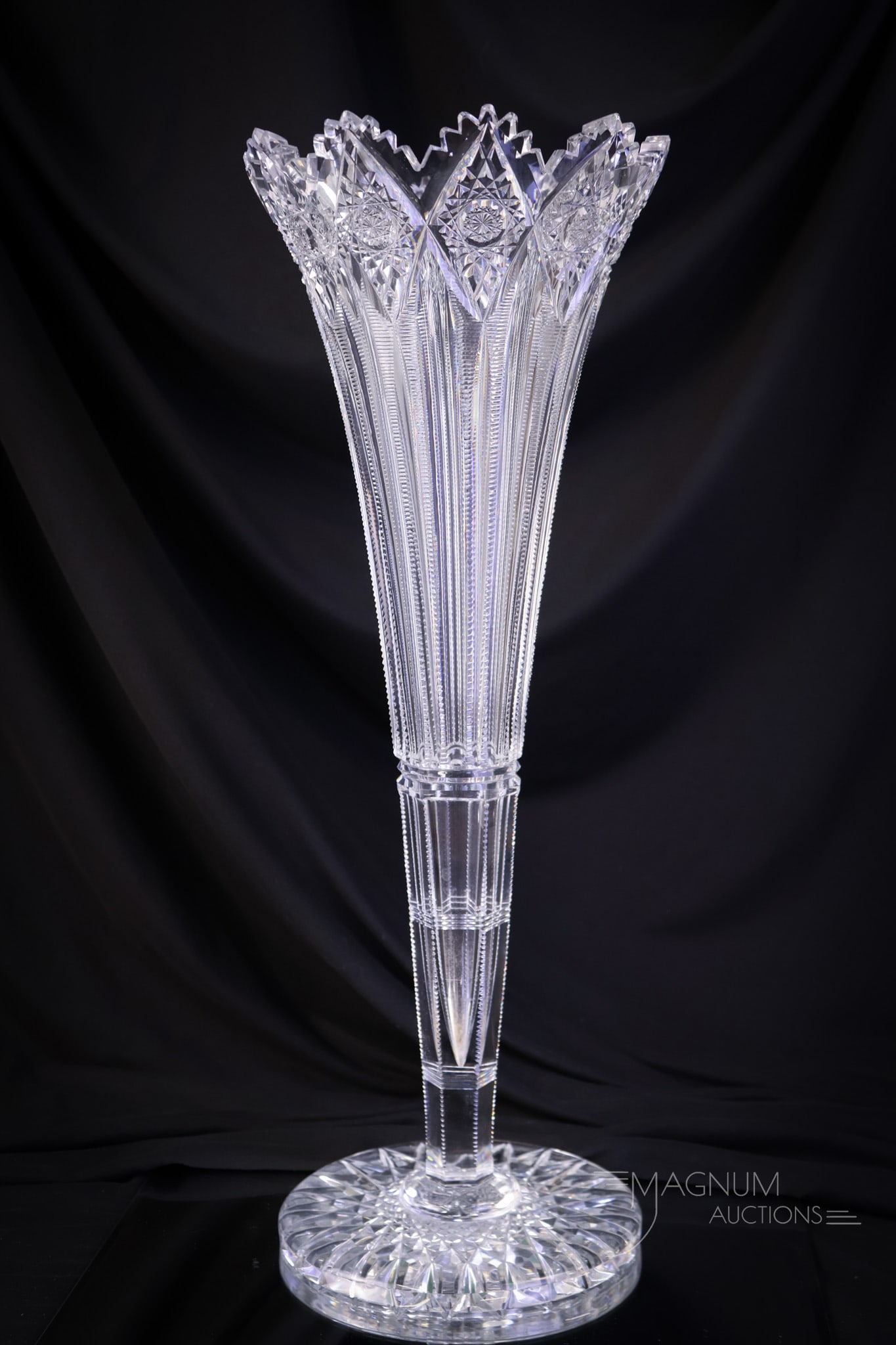 Hawkes "Brunswick" 18" ABP American Brilliant Period Cut Glass Trumpet Vase: A super-sized example of a Hawkes "Brunswick" pattern trumpet vase. This American Brilliant Period find in cut glass is sure to please. This vase measures 18" tall and 6 1/2" wide. SHIPPING NOTICE: If