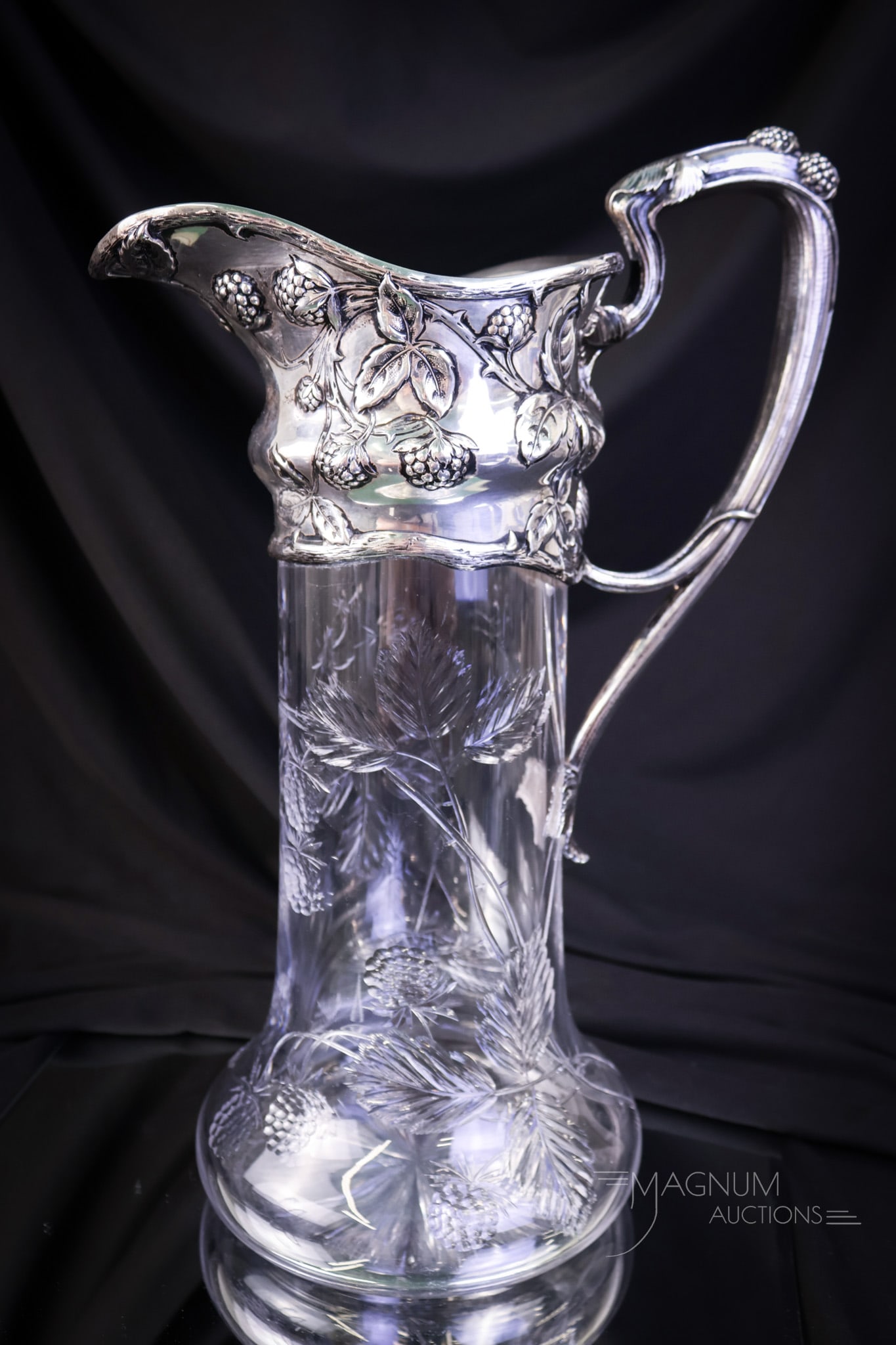 Pairpoint ABP American Brilliant Period & Gorham Sterling Cut Glass Pitcher: Mother Magnum loves this one! This is a Pairpoint American Brilliant Period cut glass tankard pitcher. This fine example is cut in the #41 pattern of blackberries and leaves. The tankard pitcher featu