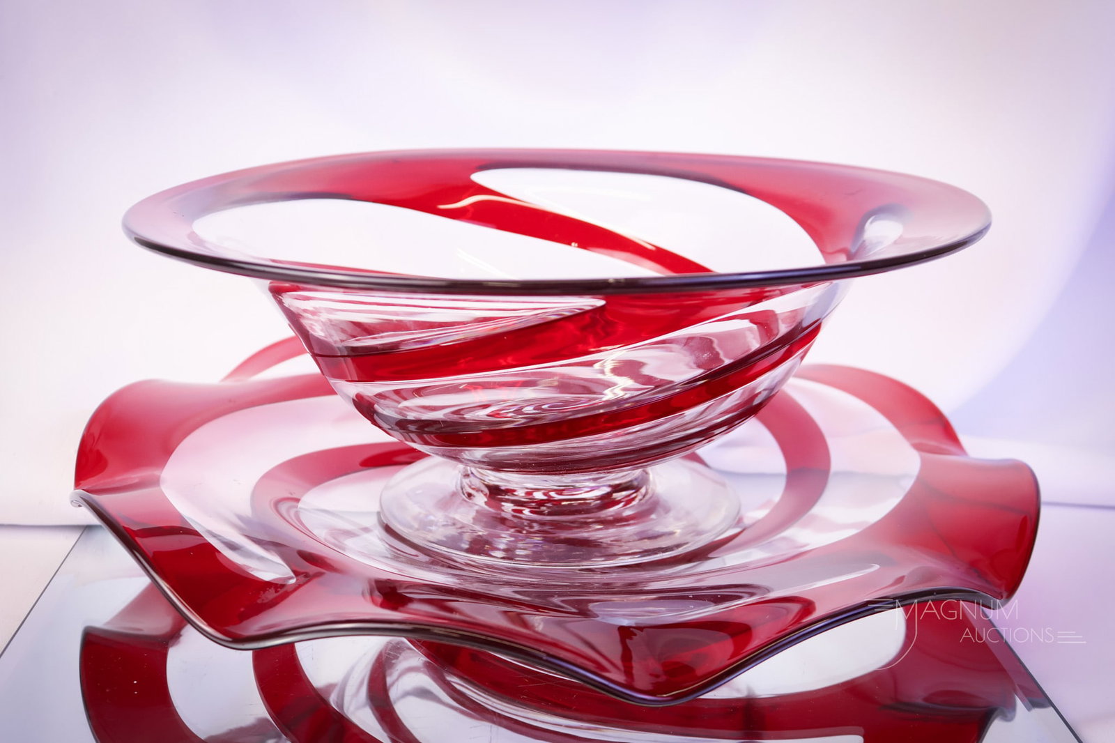 2 pc Lot Pairpoint Ruby Twist Antique Glass #3019 Console Bowl & Underplate (1 of 8)