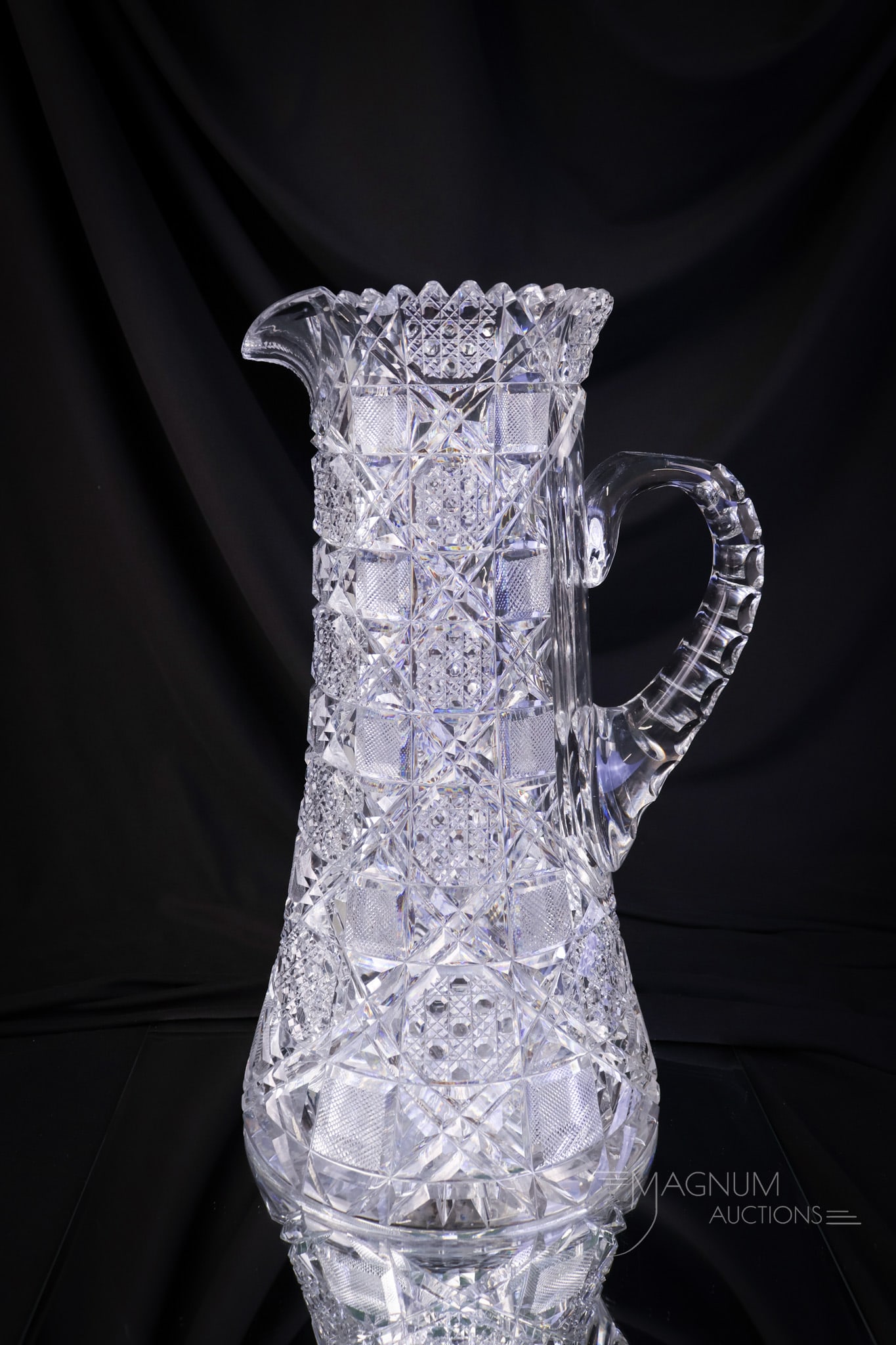 Monumental 14" American Brilliant Period Cut Glass Tankard Pitcher: A super 14" tall American Brilliant Period cut glass tankard. This piece is amazing. It is cut with a finecut block and cross hatch pattern as well as waffle buttons. SHIPPING NOTICE: If you choose no