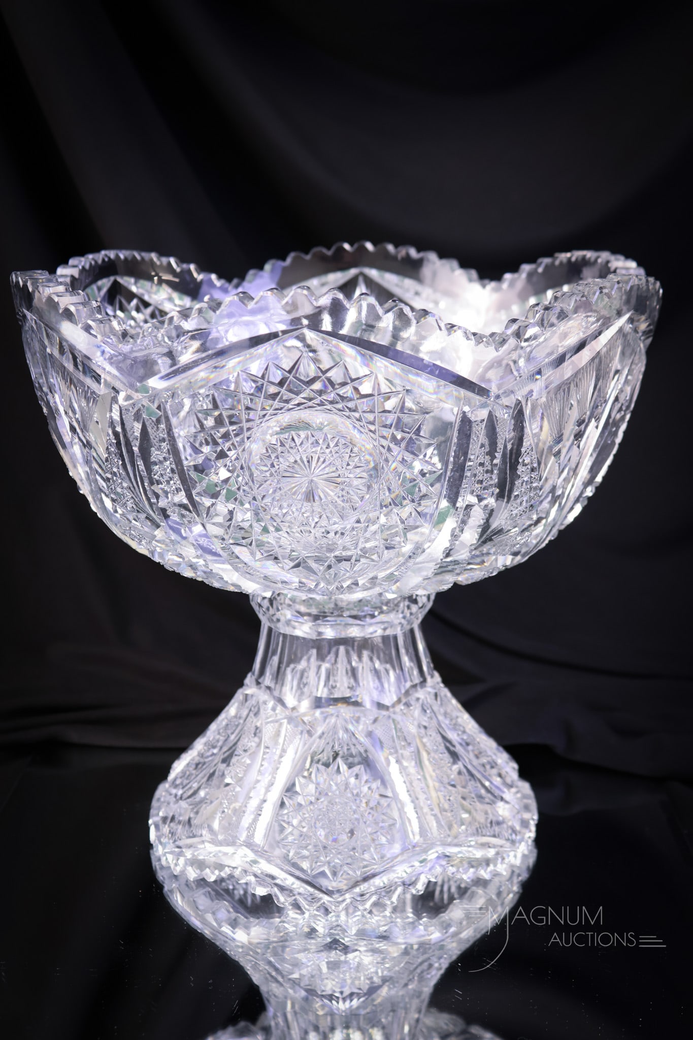 Signed Fry "Wheat" 2 pc American Brilliant Period Cut Glass Punch Bowl: A very showy two-piece punch set signed Fry. This punch bowl and base is in the Wheat pattern. The piece measures 9 1/2" tall, complete. A chip to one tooth on the base rim of the foot is noted. SHIPP