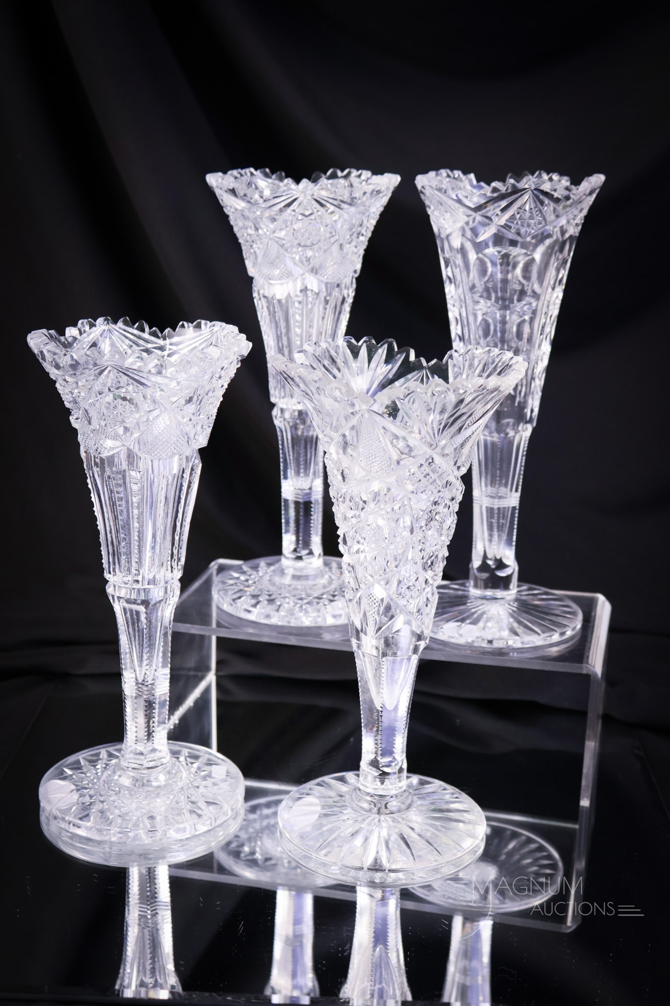 4 pc Lot ABP American Brilliant Period Cut Glass Trumpet Vases Hoare Straus-Macy Higgins & Seiter (1 of 10)