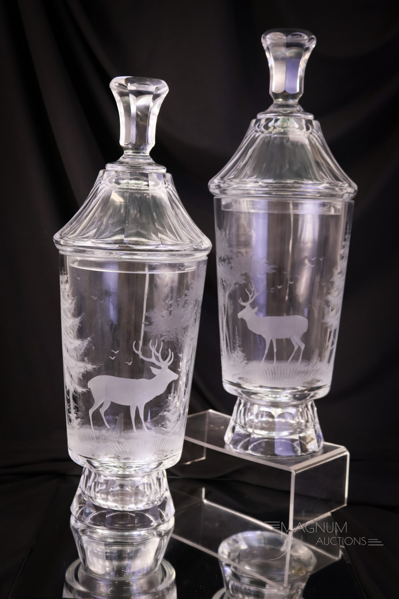 Pair Monumental 17 1/4" Queen Lace Mantle Urns Wildlife Series: A large pair of 17 1/4" tall and 6" wide covered mantle urns by Queen Lace. Each of these features scenes of wildlife. SHIPPING NOTICE: If you choose not to utilize the LiveAuctioneers LiveShip progra