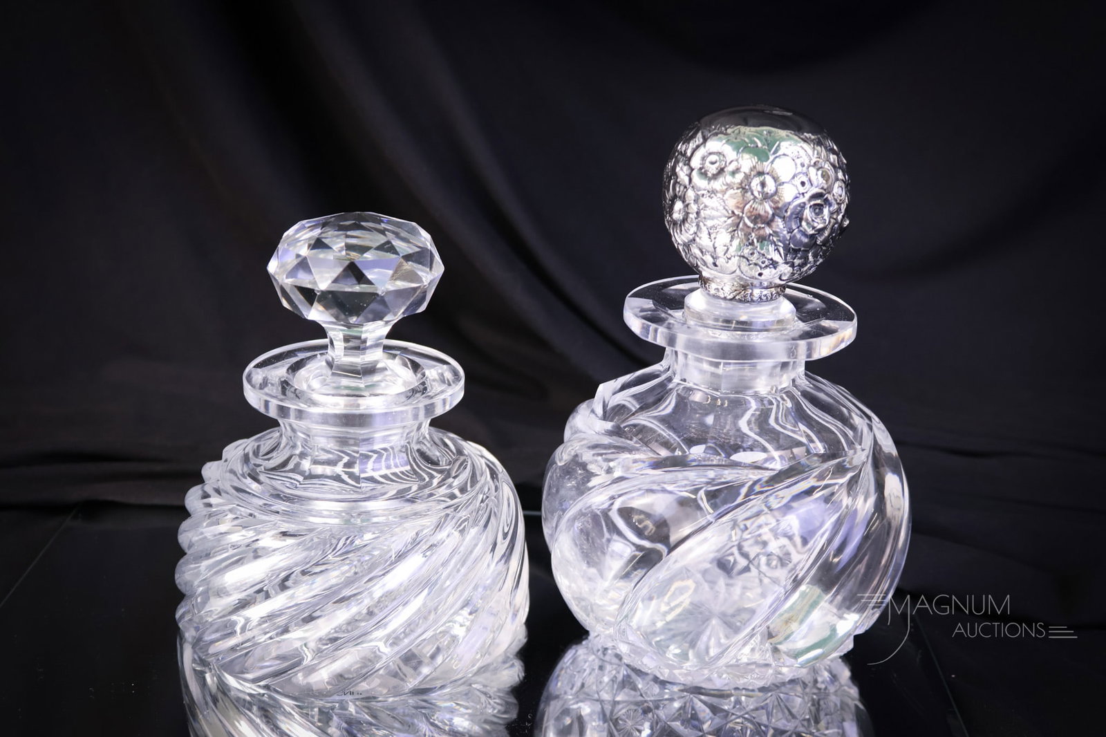 2 pc Lot ABP American Brilliant Period Cut Glass J. Hoare Cologne Bottles & Gorham Sterling: Two beautiful cologne bottles in American Brilliant Period cut glass. The first is in the Pillar pattern with a faceted stopper. The second is in the Twin City pattern with a marked Gorham sterling si