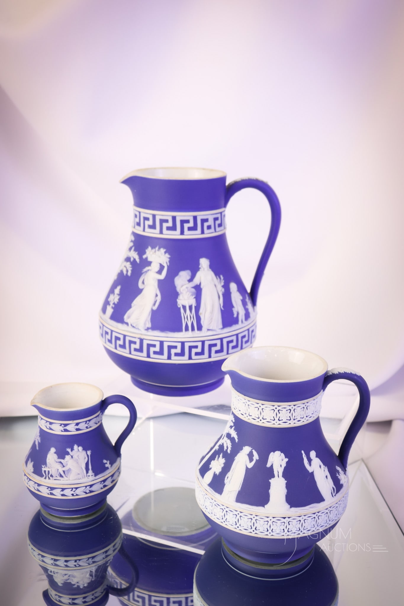 3 pc Marked Wedgwood Blue Jasperware Pitchers (1 of 9)