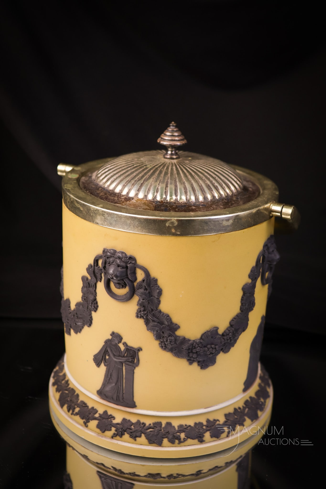 Marked Jasperware "Black on Cane" Avtique Biscuit Jar (1 of 6)