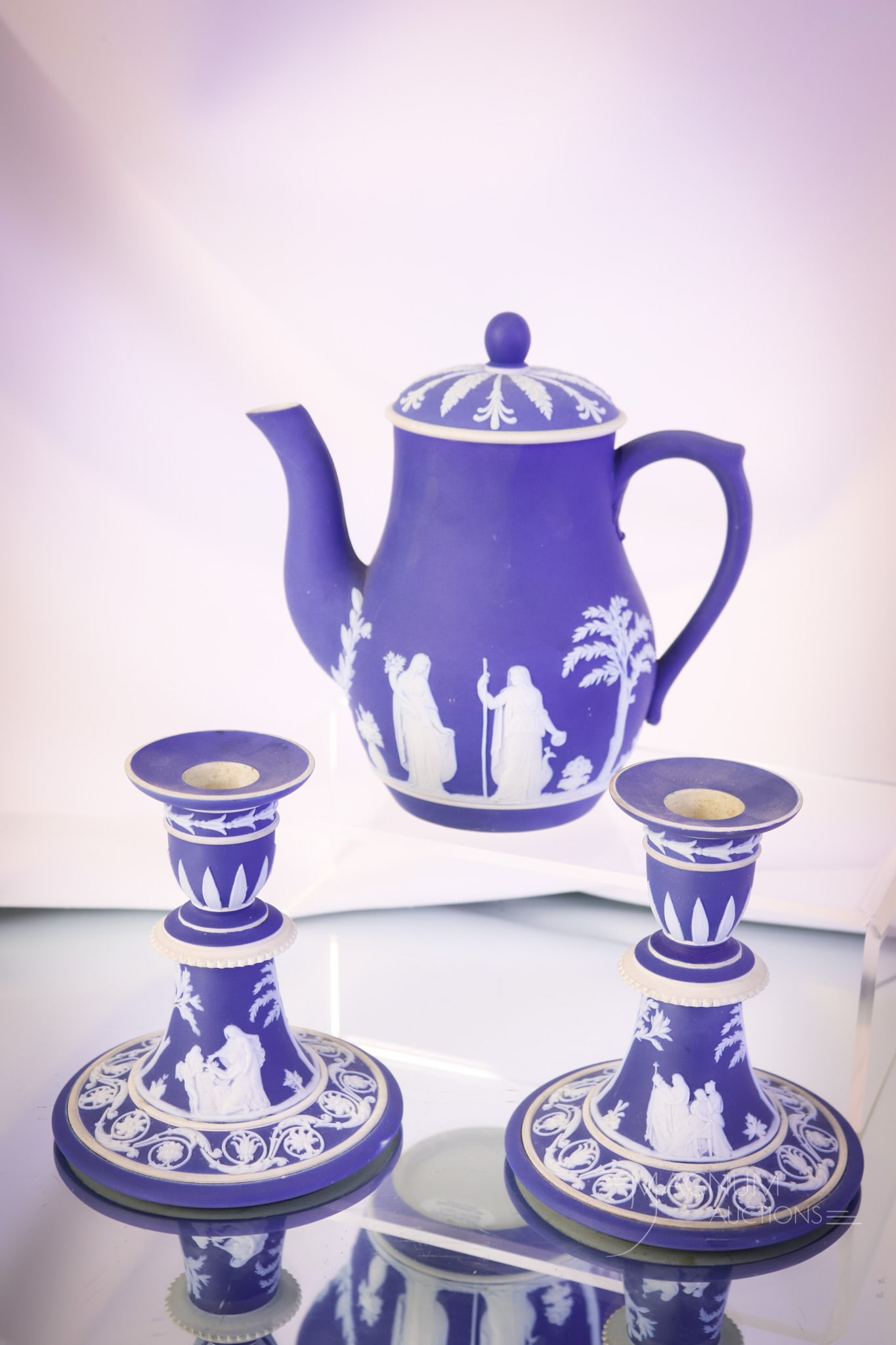 3 pc Marked Wedgwood Blue Jasperware Teapot & Candlesticks (1 of 10)