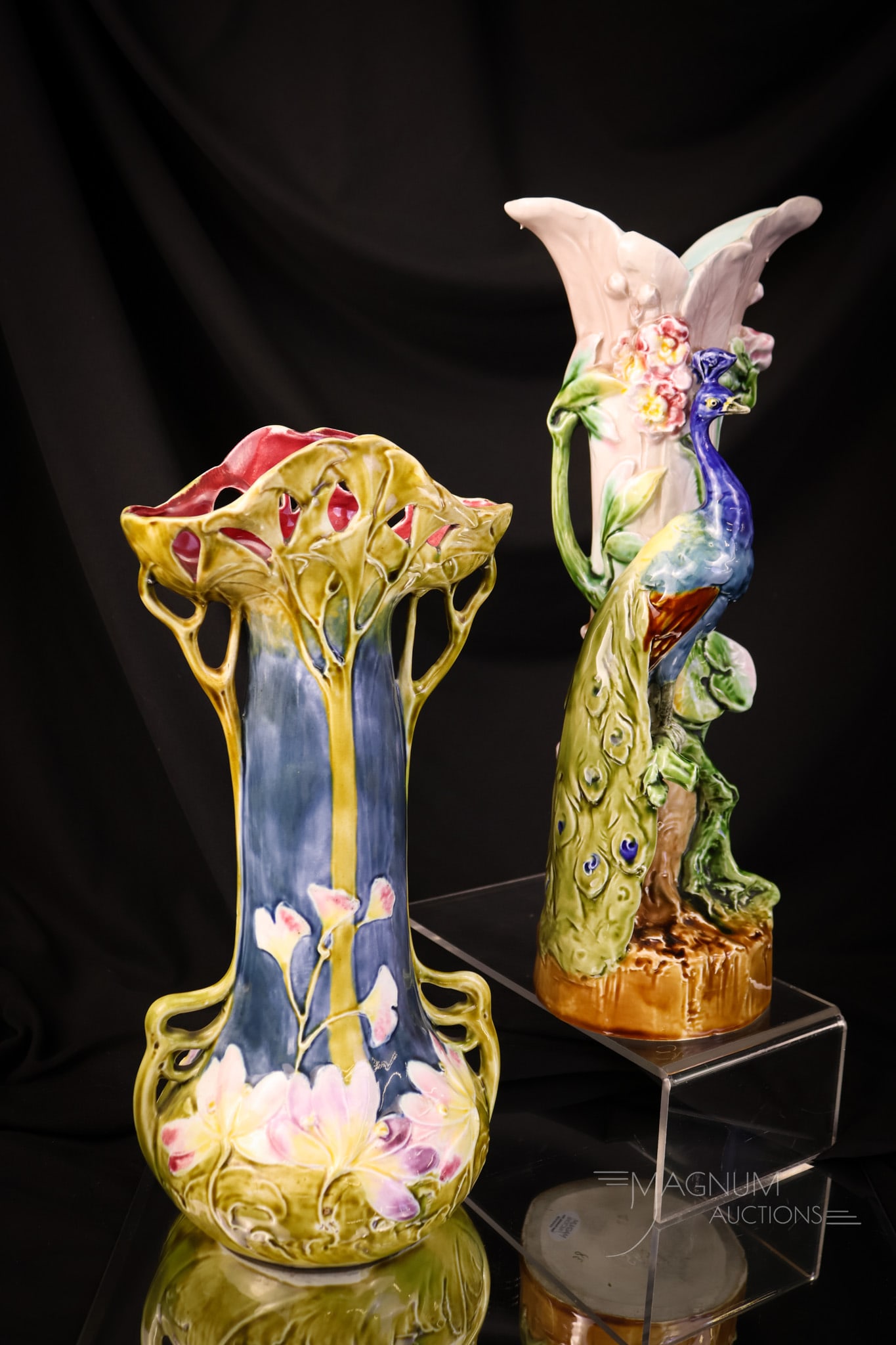 2 pc Lot Majolica Vases Art Nouveau & Figural Peacock: Two selections that are collection-worthy! This lot offers two pieces of majolica in the form of vases. The first is Art Nouveau in style with flowers. The second is a figural peacock with flowers. Th