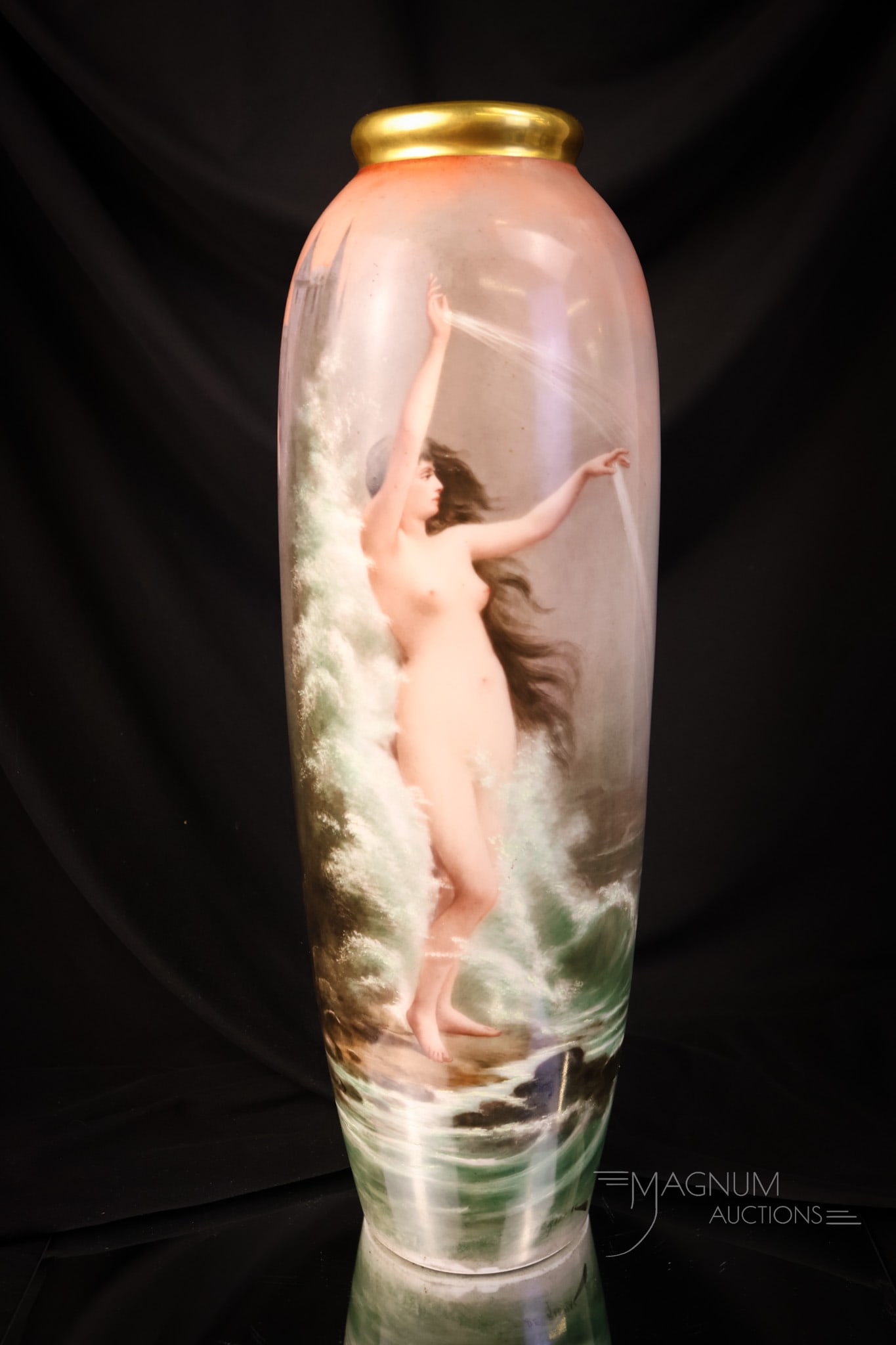 Huge 15" Limoges Coronet Hand Painted Porcelain "Amphitrite Goddess of the Sea": A stunning and huge 15" tall Limoges Coronet hand-painted porcelain vase. This vase is circa 1900, is painted with "Amphitrite. Goddess of the Sea." It is by the artist De Rilhac. This lovely vase fea