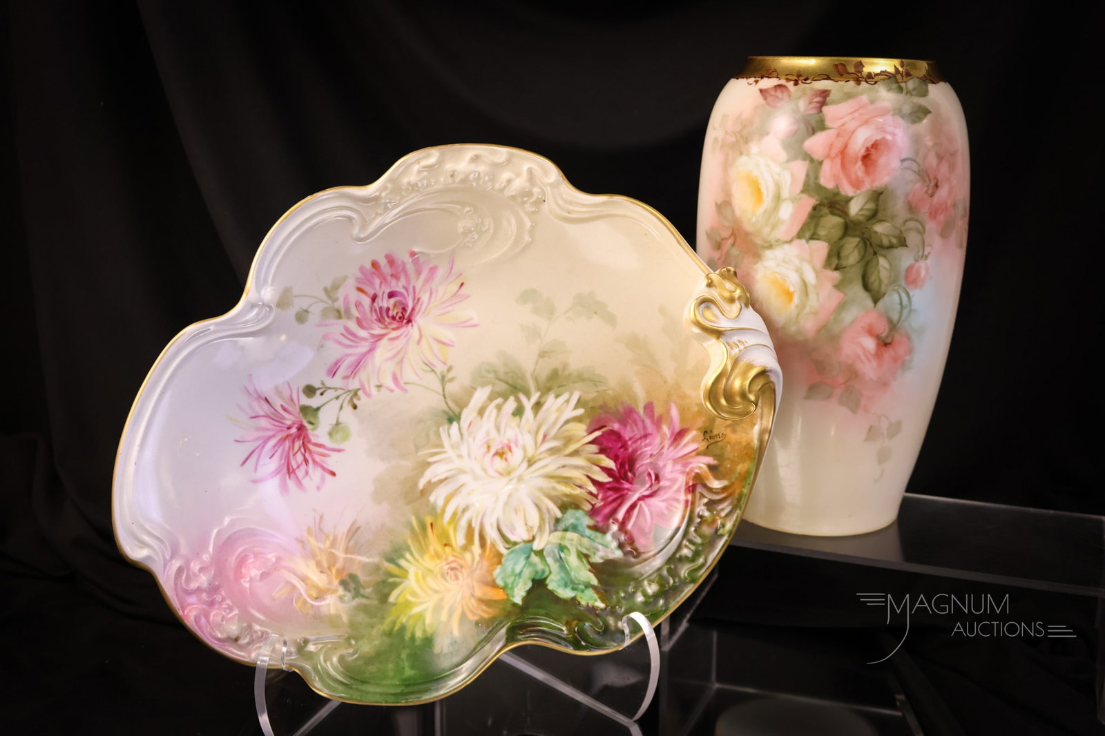 2 pc Lot French Hand Painted Porcelain Roses & Chrysanthemums: Two delightful collection-enhancing finds in hand-painted porcelain. The first is a marked JPL, France bowl with a handgrip decorated with chrysanthemums. The second is a marked R.S. Tillowitz vase wi