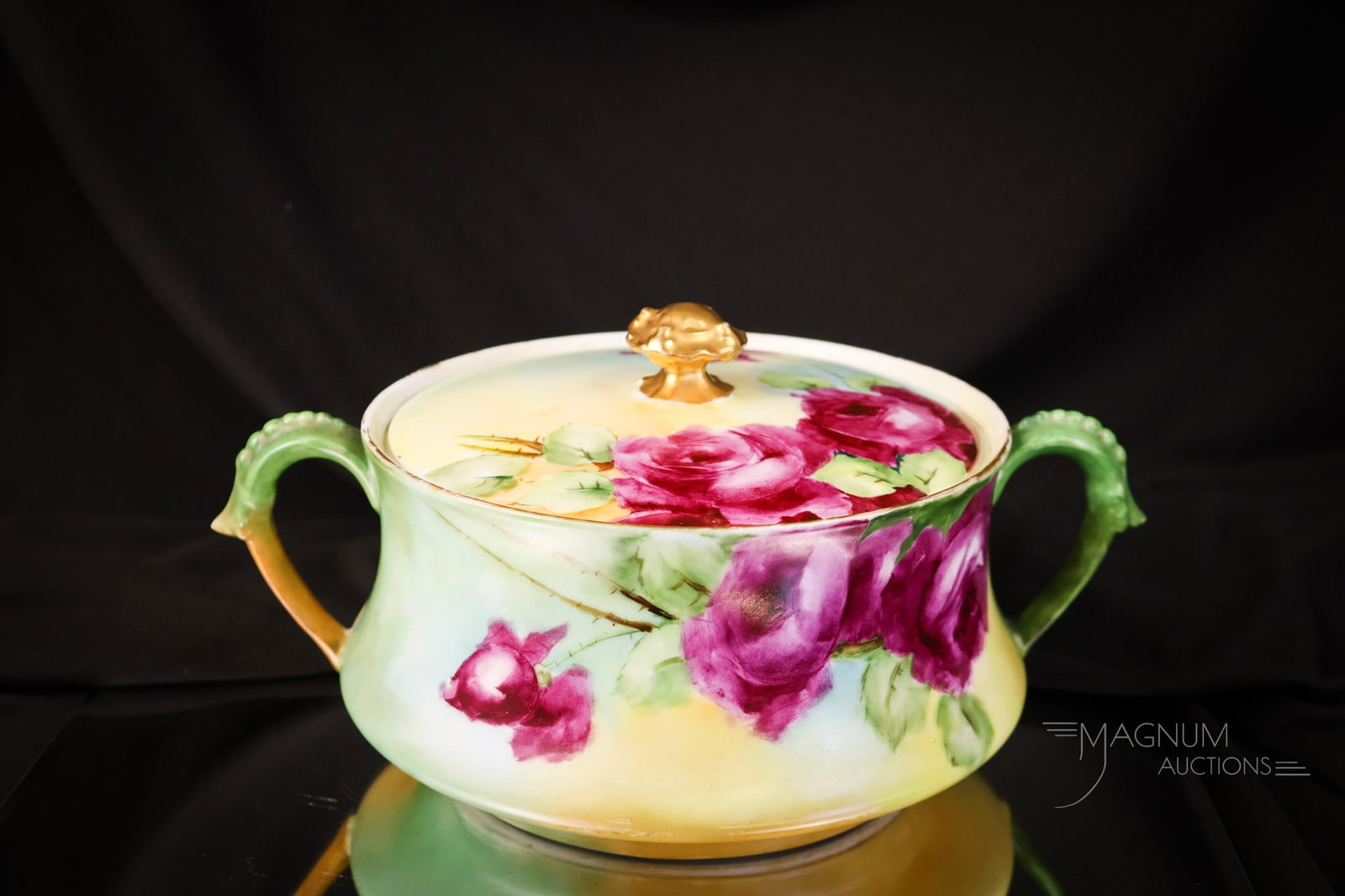 T&V Limoges Depose Touraine Hand Painted Porcelain Roses Cracker Jar: A very attractive piece of marked, " T & V Limoges" hand-painted porcelain. This is a cracker jar additionally marked "Depose Touraine." The cracker jar is with pink roses and gold with a rose finial 