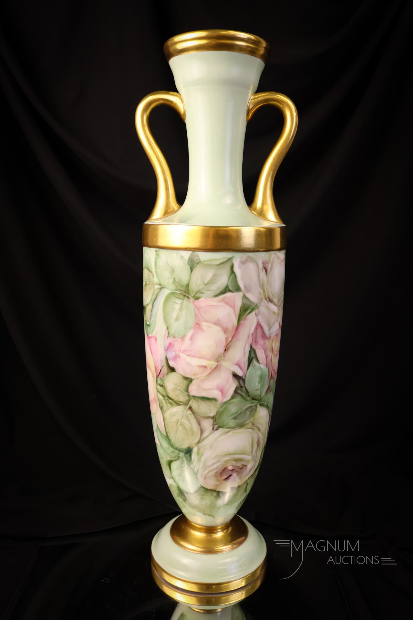 Lenox Belleek 19" Hand Painted Porcelain Roses Vase: A wonderful and unusual form in a hand-painted porcelain Lenox Belleek rose-decorated vase. This huge vase measures 19" tall and features double handles. The vase has a soft green ground accented with