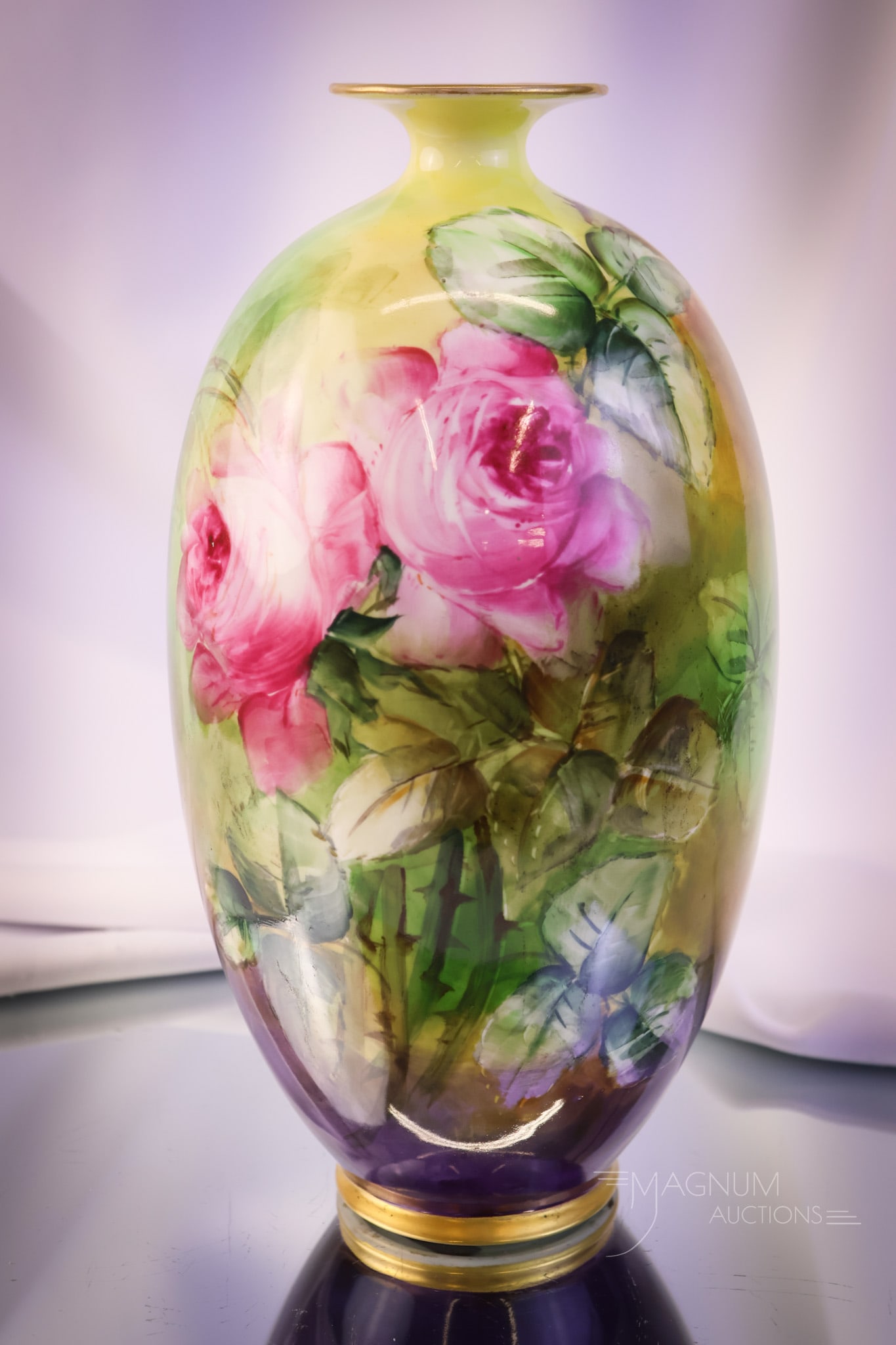 Lenox Belleek 11" Hand Painted Porcelain Roses & Gold Vase: A beautiful find in this Lenox Belleek 11" tall hand-painted porcelain vase. This beautiful find is decorated with garden roses and has a gorgeous background of greens, blues, and purples. SHIPPING NO
