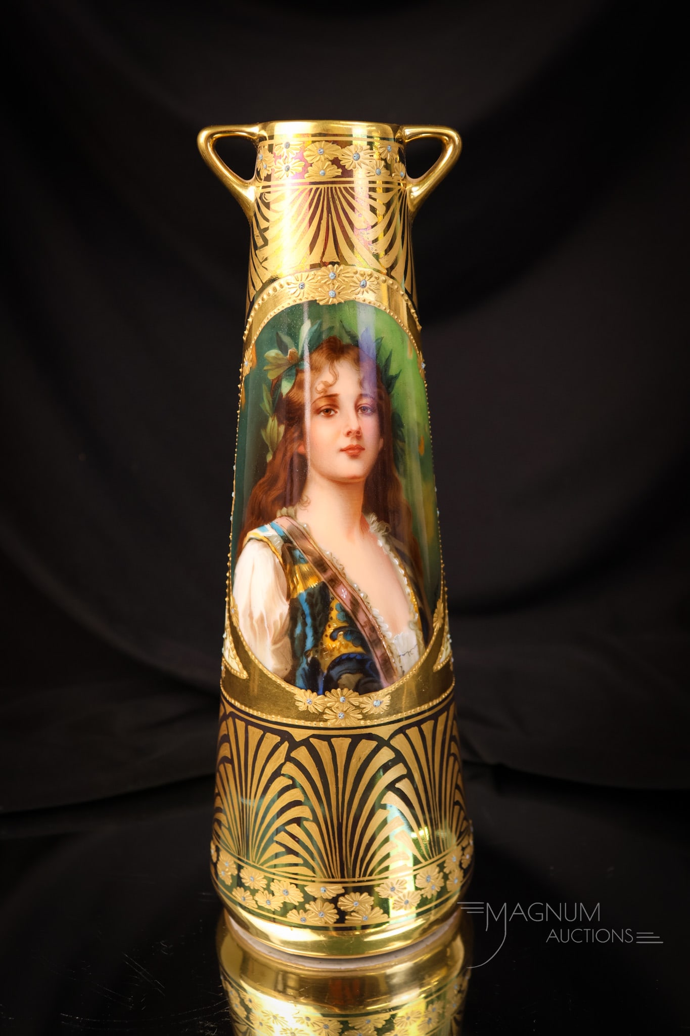 Dresden Richard Klemm Portrait Artist Signed Vase: A wonderful find in our auction. This is a Dresden, Richard Klemm artist-signed portrait vase. The vase is marked "Clementine." The vase is decorated with intricate gold, flowers, and exotic women. Th