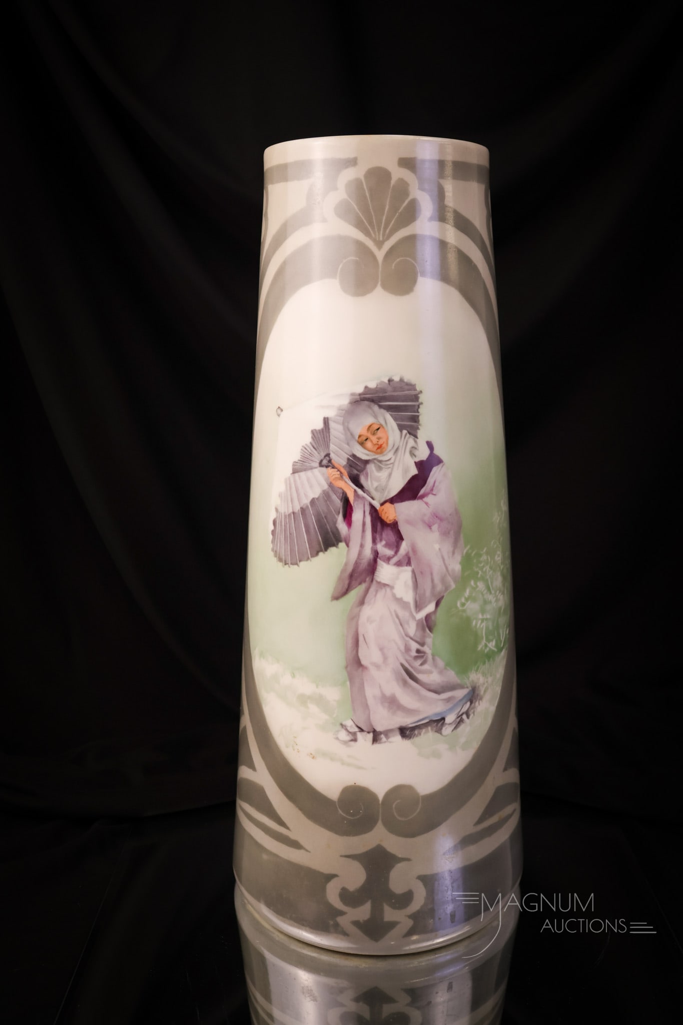 Willets Belleek 15" 'Geisha Girls" Double Portrait Vase Artist Signed: A wonderful and very unusual Willet's Belleek circa 1900, hand-painted double portrait vase. This vase features two unique "Geisha Girls." The vase is artist-signed by "J.P. Haskel." The vase measures