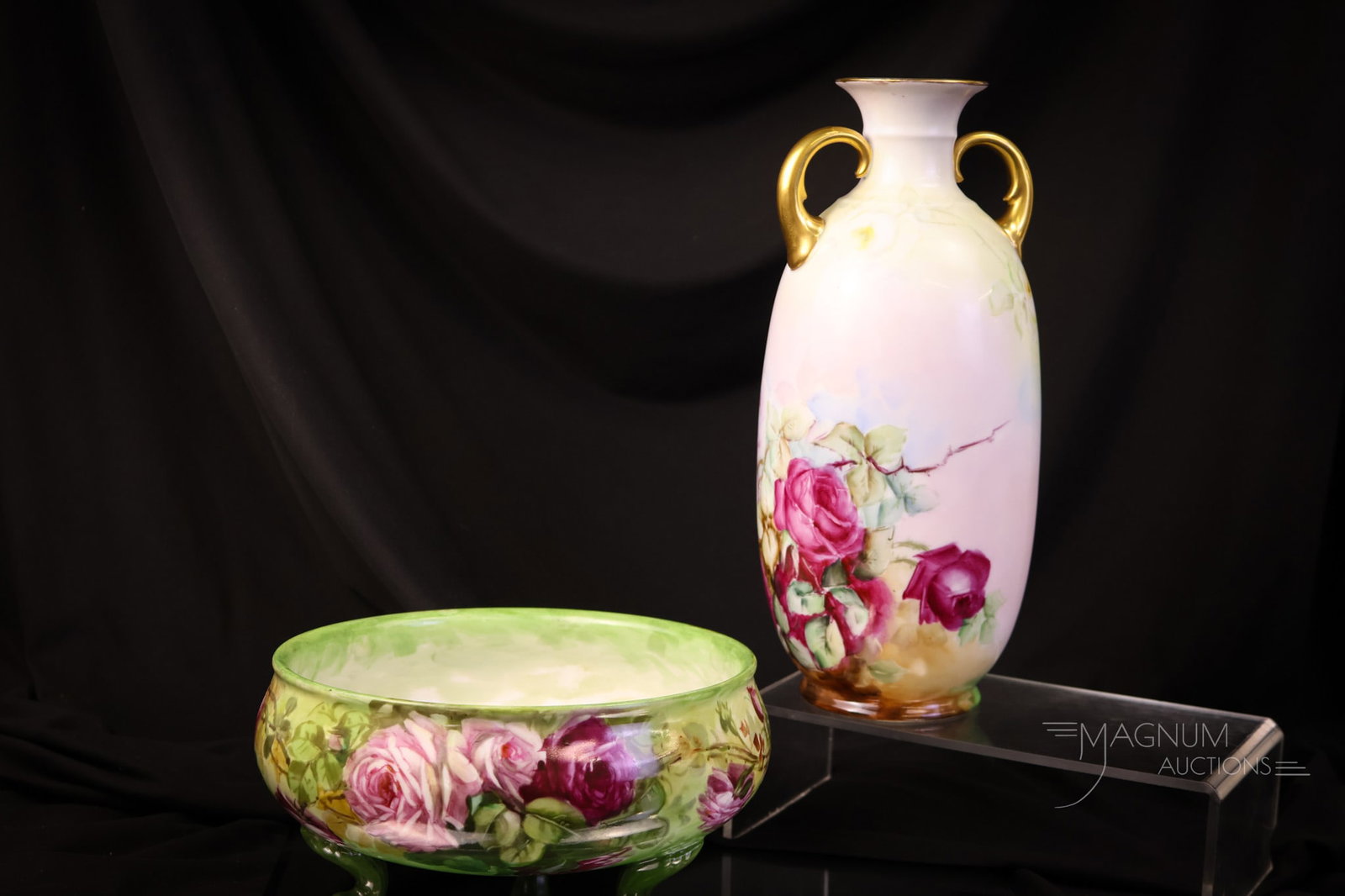 2 pc Lot French & More Hand Painted Roses Porcelain: Two selections in hand-painted porcelain that are sure to please. This lot offers a marked Rosenthal Bavaria double handle vase with multi colored roses with gold, and a marked W.C. & Co. three-footed