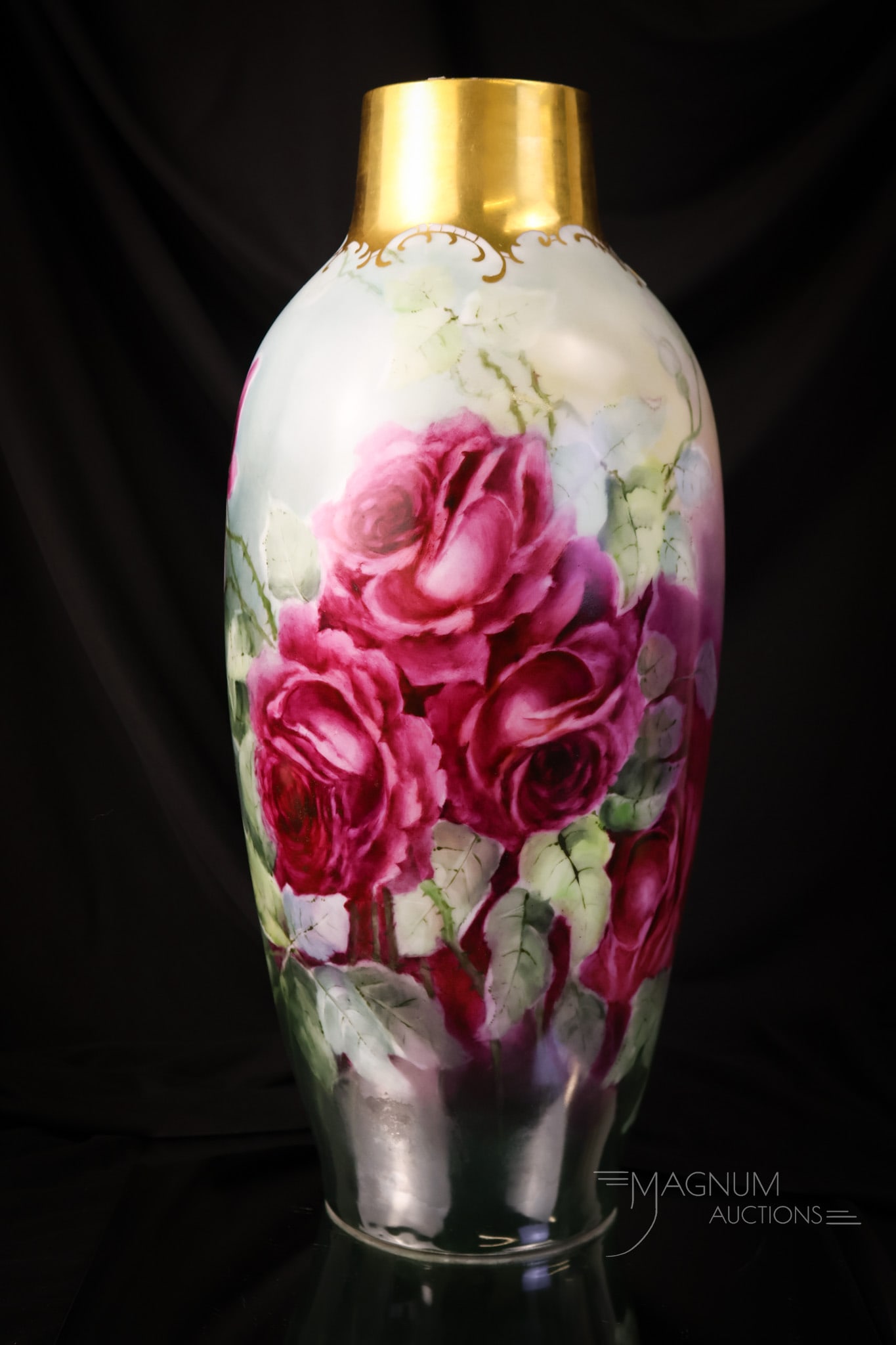 Limoges France Hand Painted Porcelain 18" Pink Rose & Gold Vase: A phenomenal piece of Limoges hand-painted porcelain. This is a huge 18" tall vase decorated with vibrant pink roses and lots of gold. The vase is 7" wide. Make way in the collection for this lovely a