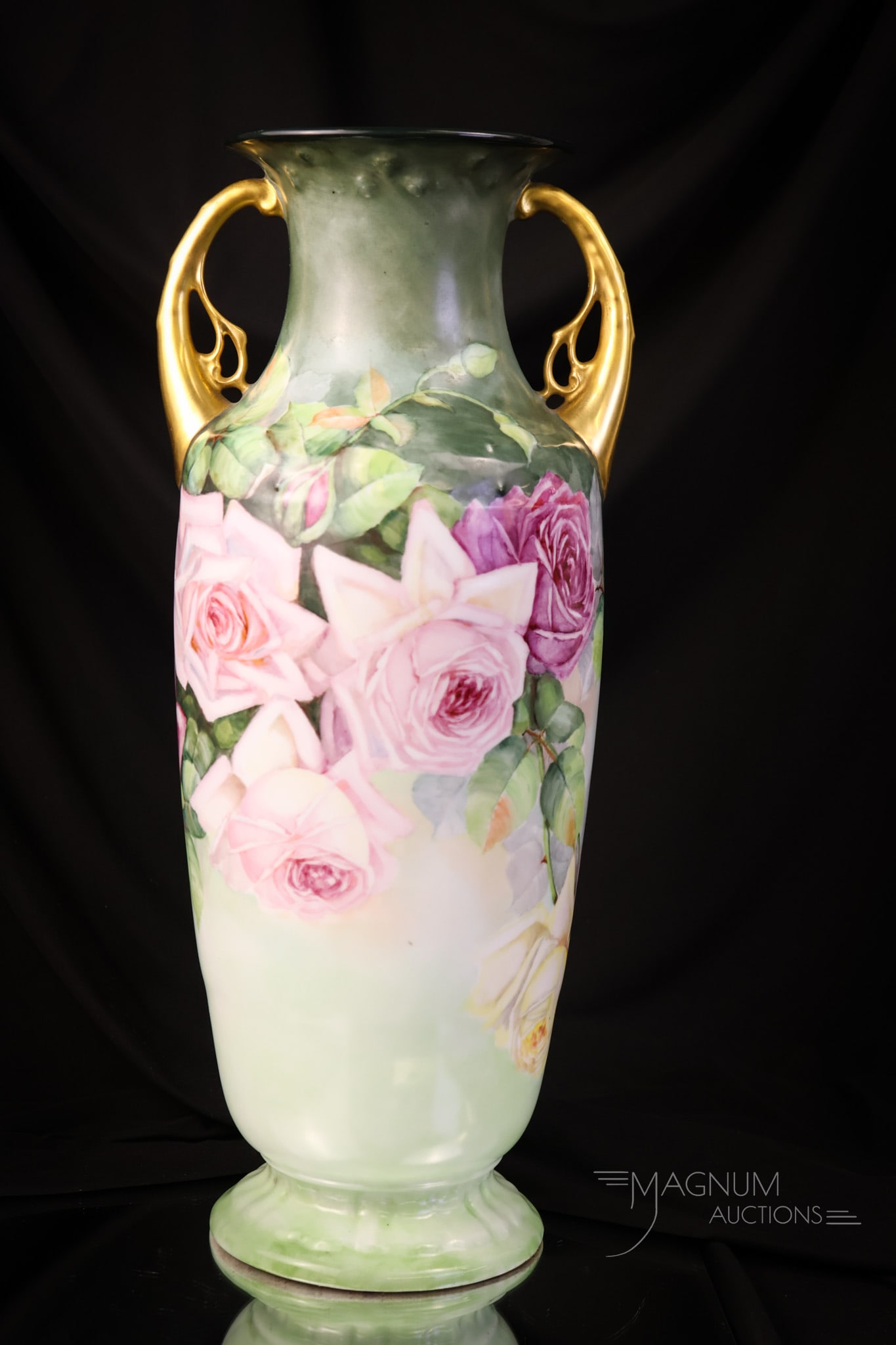 Unmarked Limoges Porcelain 17 1/4" Hand Painted Roses Vase: An over-the-top beautiful piece of hand-painted porcelain. This piece is unmarked Limoges. It features a massive size of 17 1/4" tall and 7" wide. It is lavishly decorated with roses on a dark green b