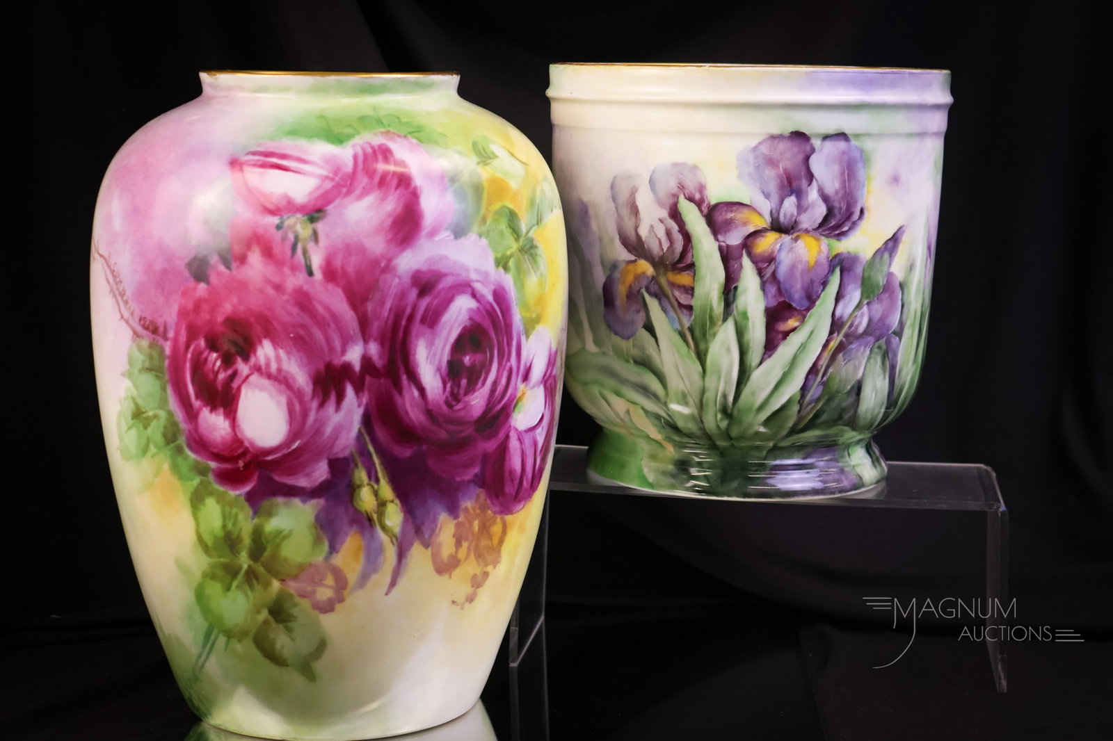 2 pc Lot Limoges France Hand Painted Porcelain Roses & Iris: Two gorgeous finds in hand-painted Limoges French porcelain. The first is a large vase with big pink roses. The second is a large jardinere with purple iris flowers. The tallest measures 12". Both the