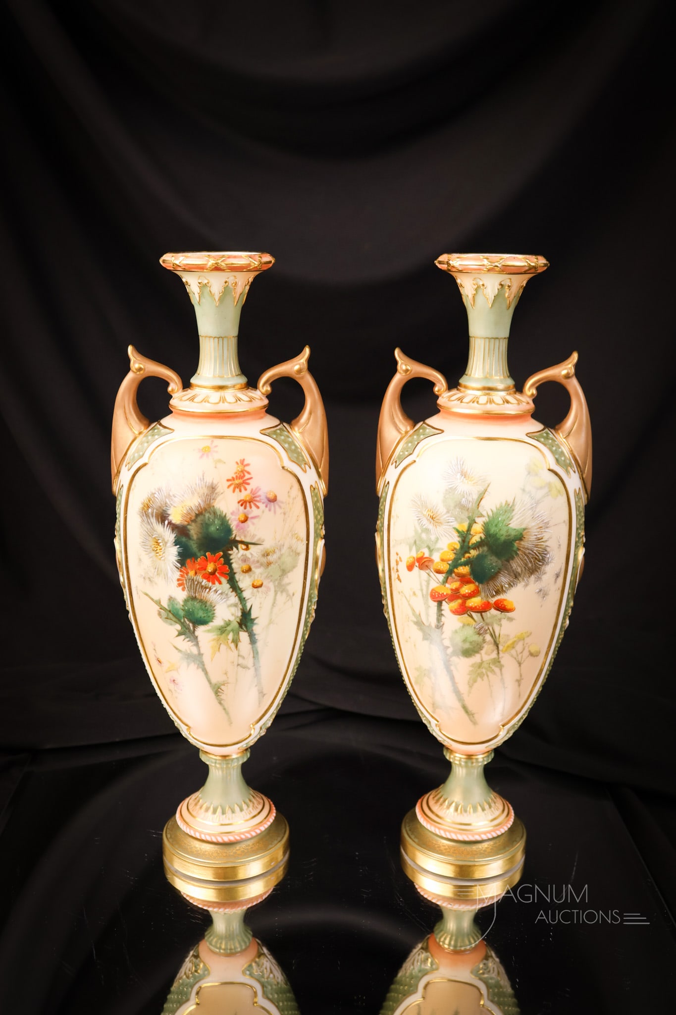 Pair of Royal Worcester #1839 10 1/2" Vases: A beautiful pair of Royal Worcester #1839 Porcelain vases. Each is decorated in tones of greens with thistle flowers and mushrooms. Each measures 10 1/2" tall and 3 1/2" wide. SHIPPING NOTICE: If you 
